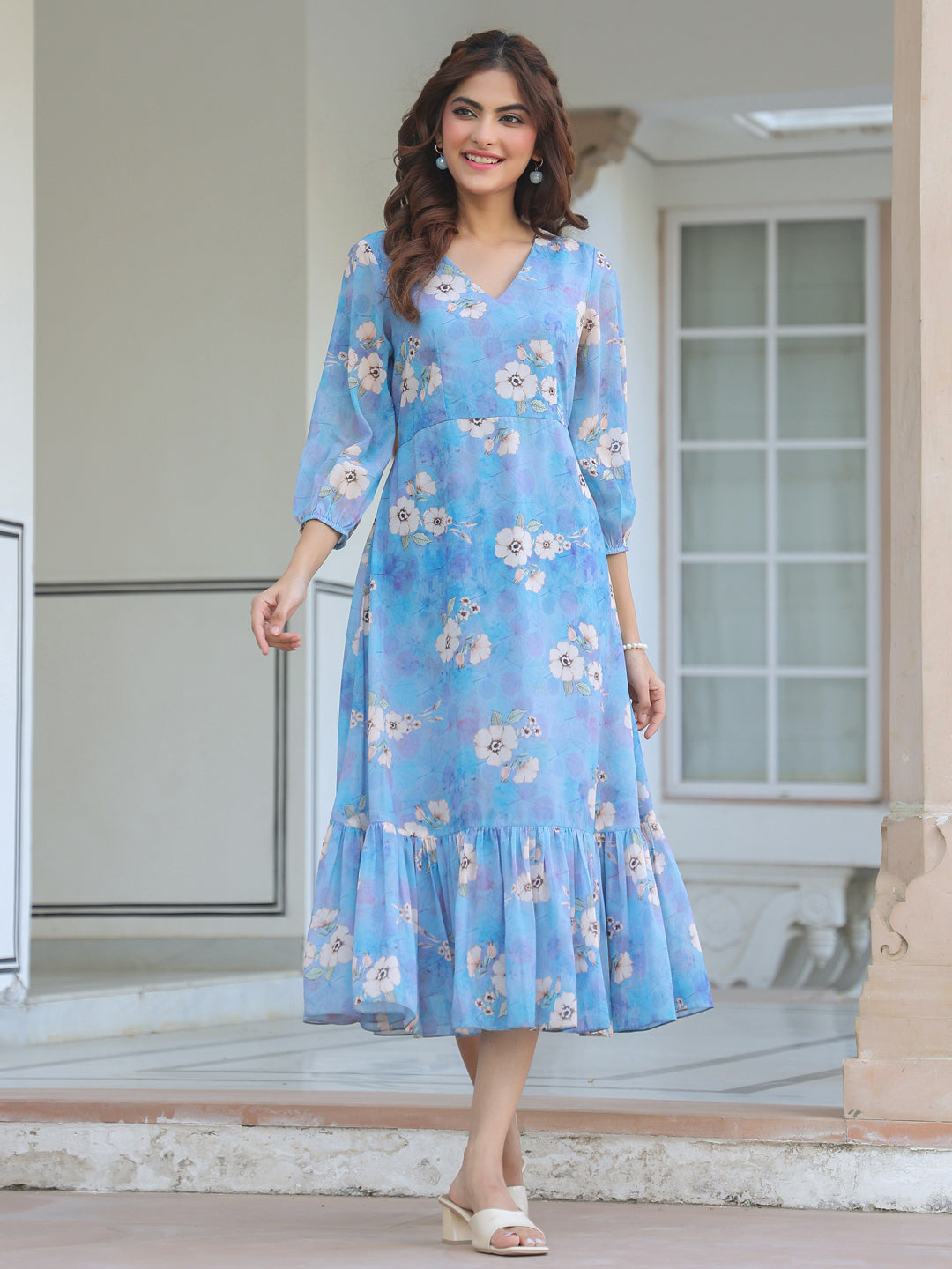 three quarter sleeve a line dress Floral Chiffon Midi Dress, 3/4 Sleeve