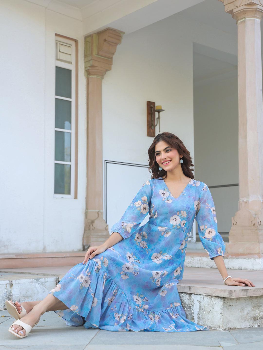 blue three quarter sleeve dress Navy Blue 3/4 sleeve boat neck Flared Dress