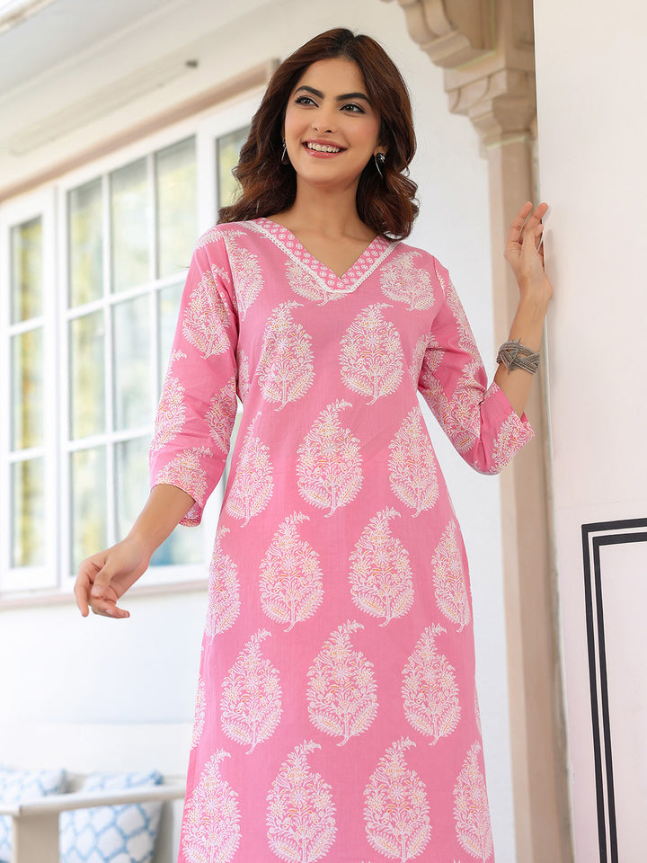 Women's Pink Straight Cotton Kurta Set