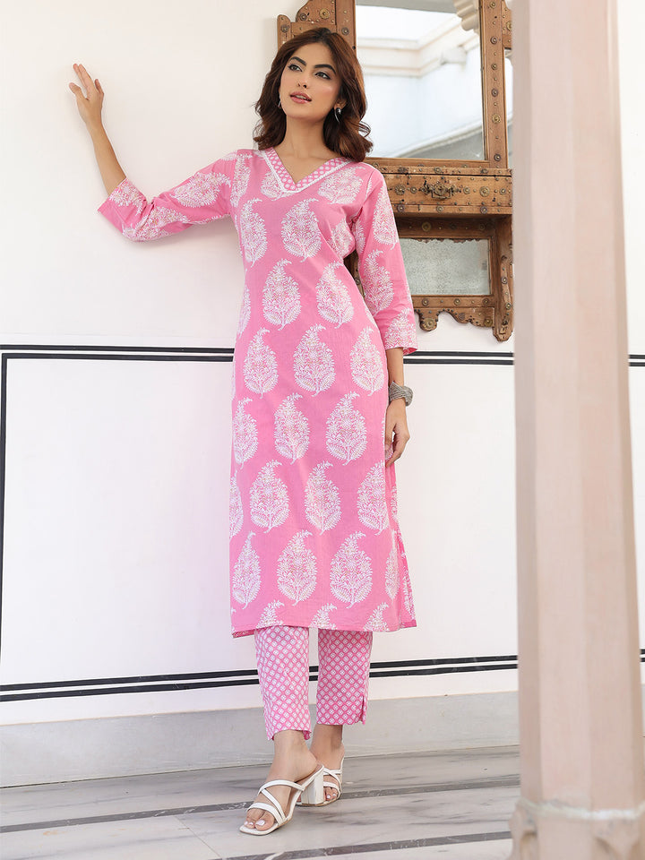 Women's Pink Straight Cotton Kurta Set