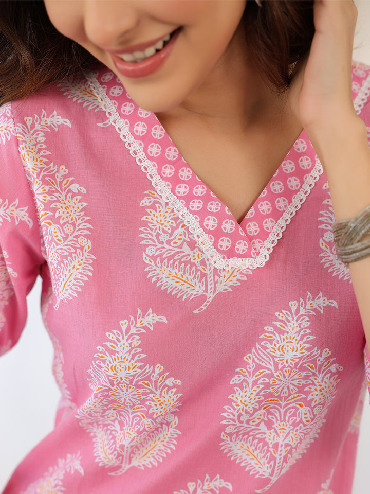 Women's Pink Straight Cotton Kurta Set