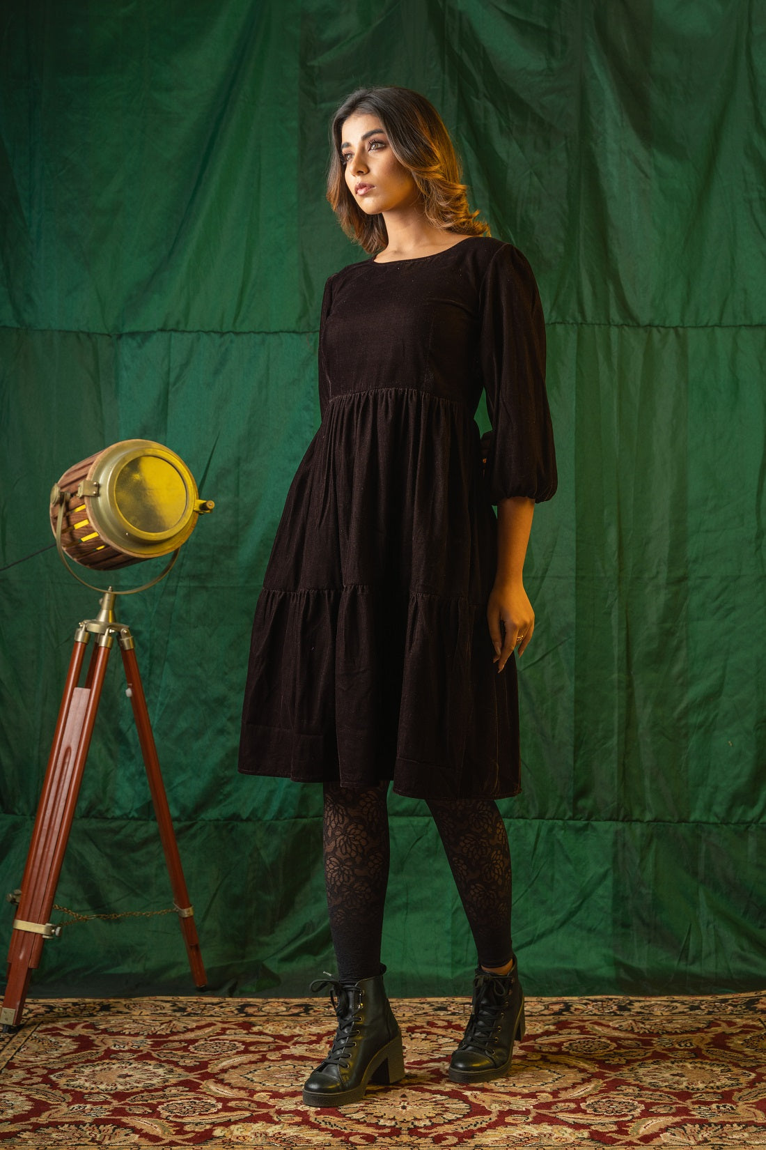 Women's Brown Velvet Tiered Dress - Nangalia Ruchira