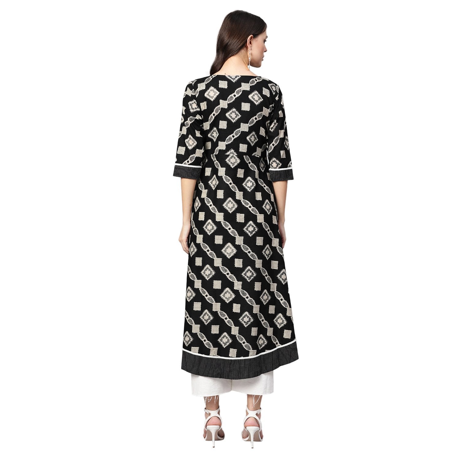 Women's Black Cotton Printed Half Sleeve Casual Anarkali Kurta Only - Final Clearance Sale