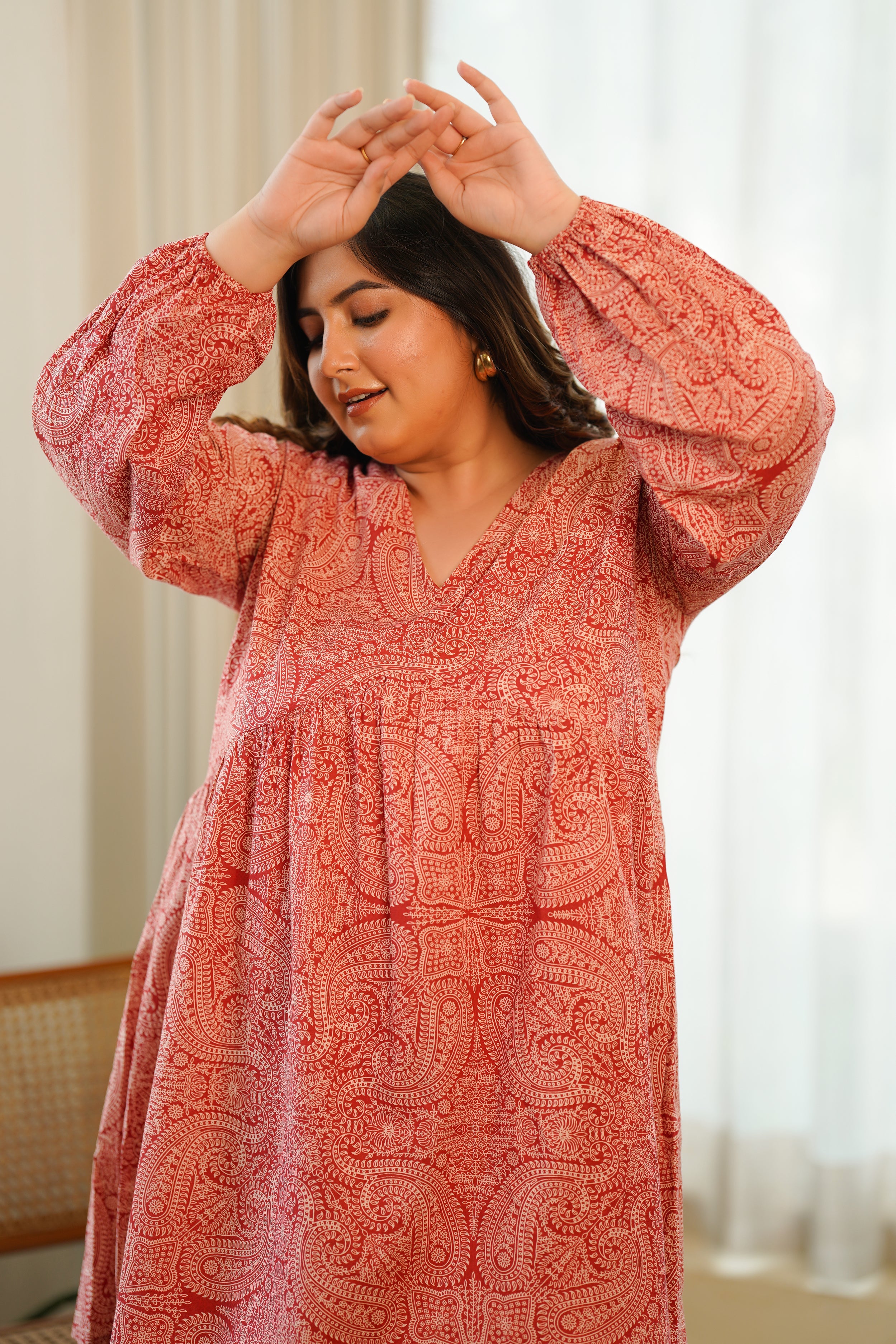 Women's Red Paisley Short Dress - Nangalia Ruchira