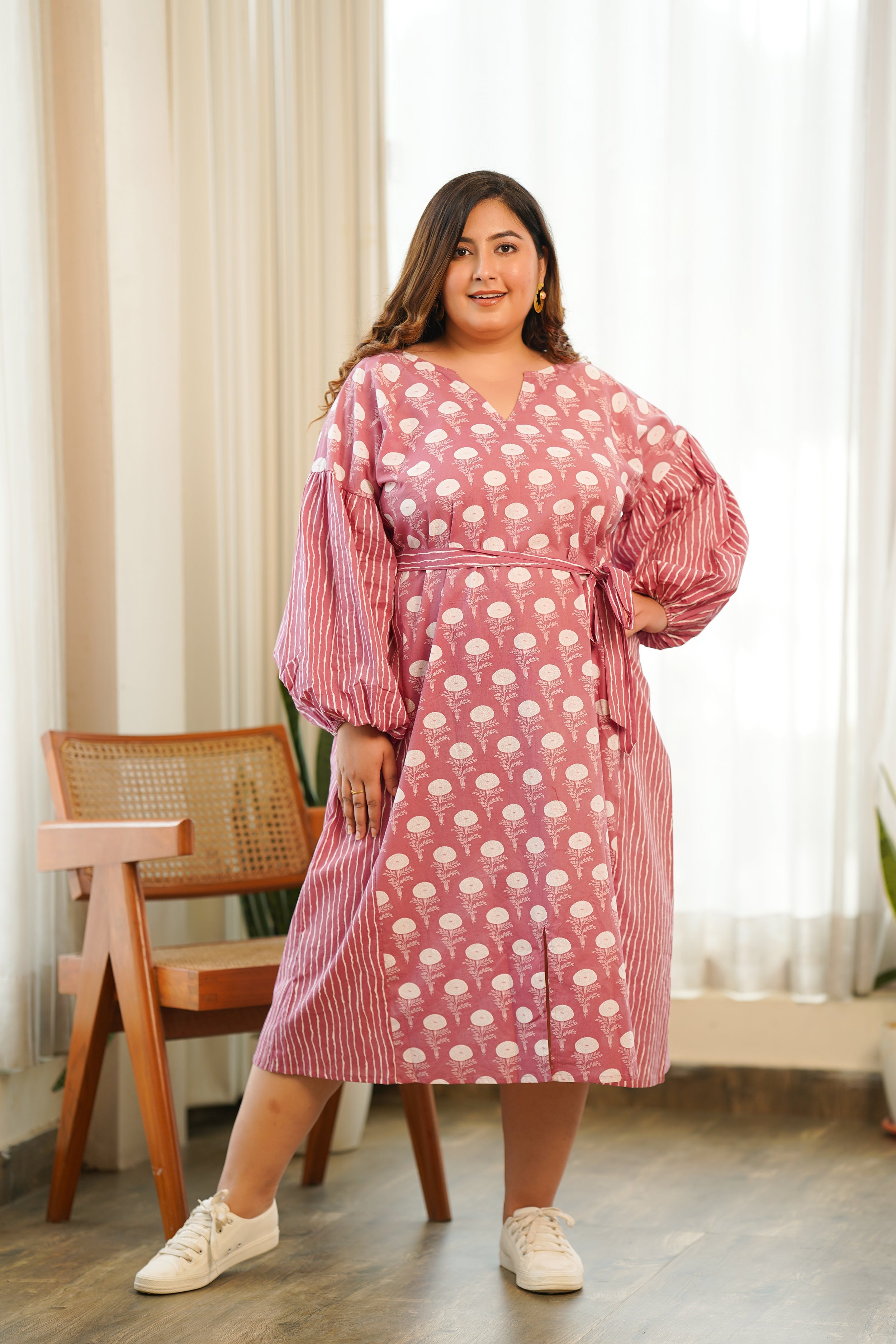 Women's Onion Pink Cotton V- Neck Anti-Fit Dress - Nangalia Ruchira