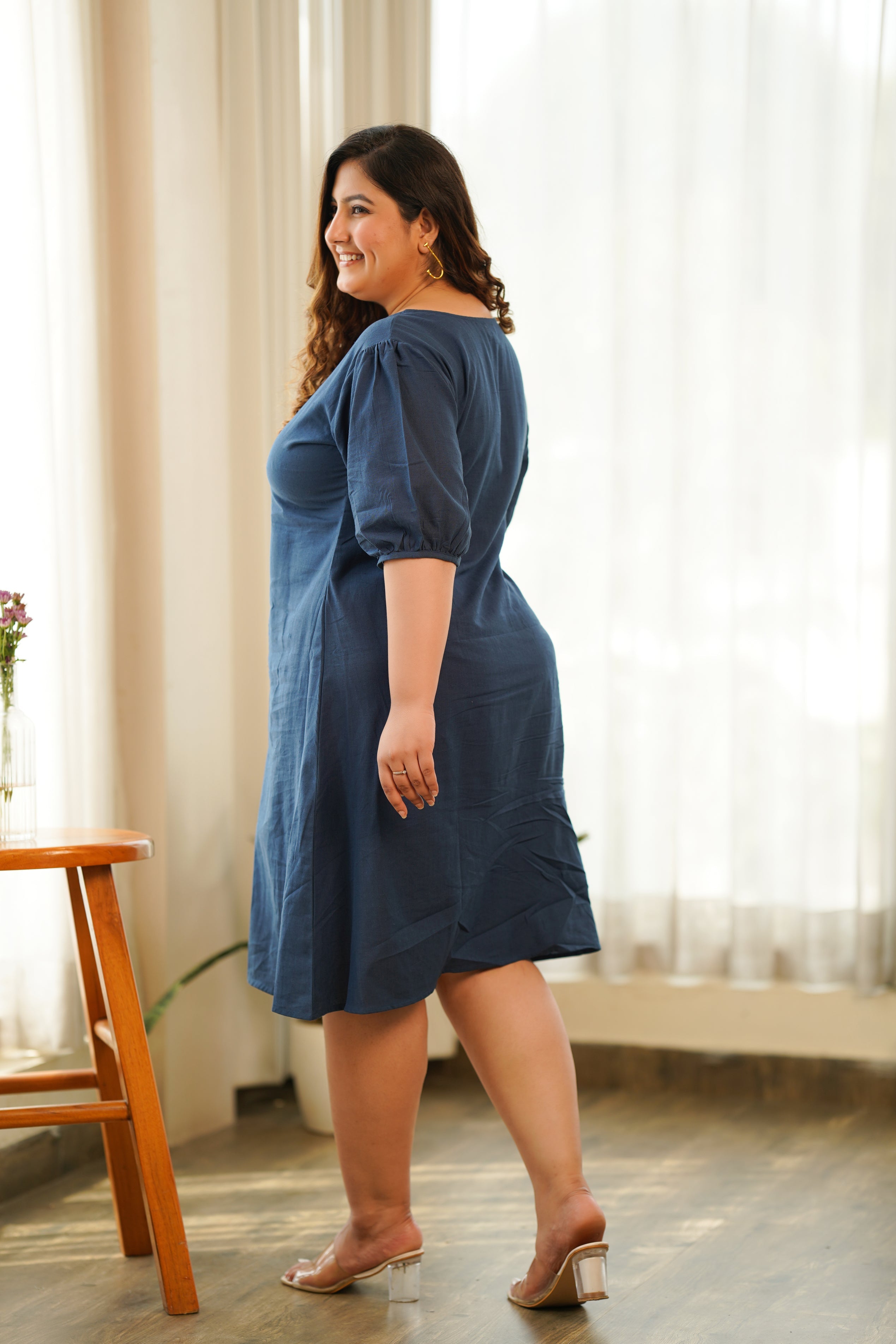 Women's Blue Puff Sleeve Linen Midi Dress - Nangalia Ruchira