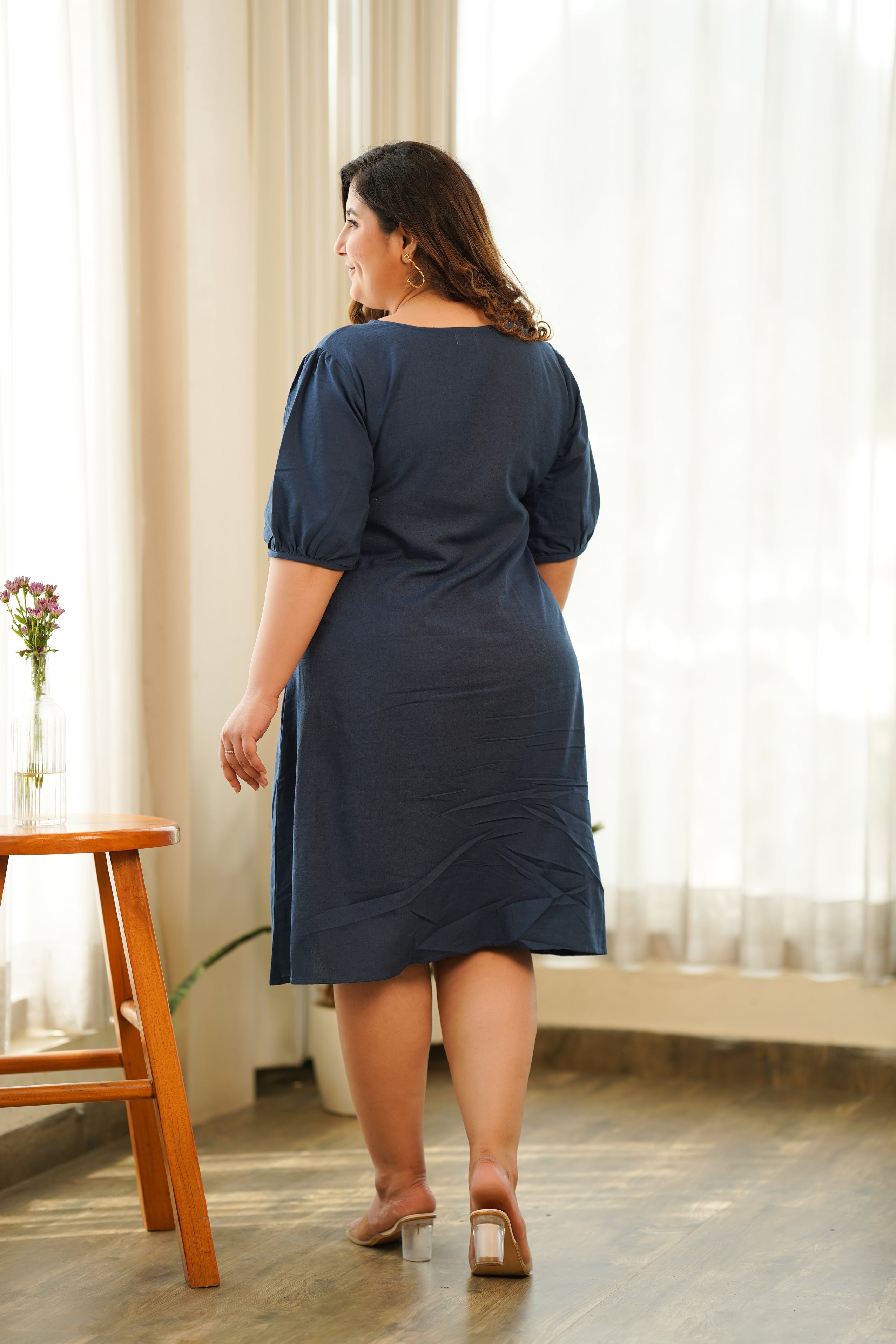 Women's Blue Puff Sleeve Linen Midi Dress - Nangalia Ruchira