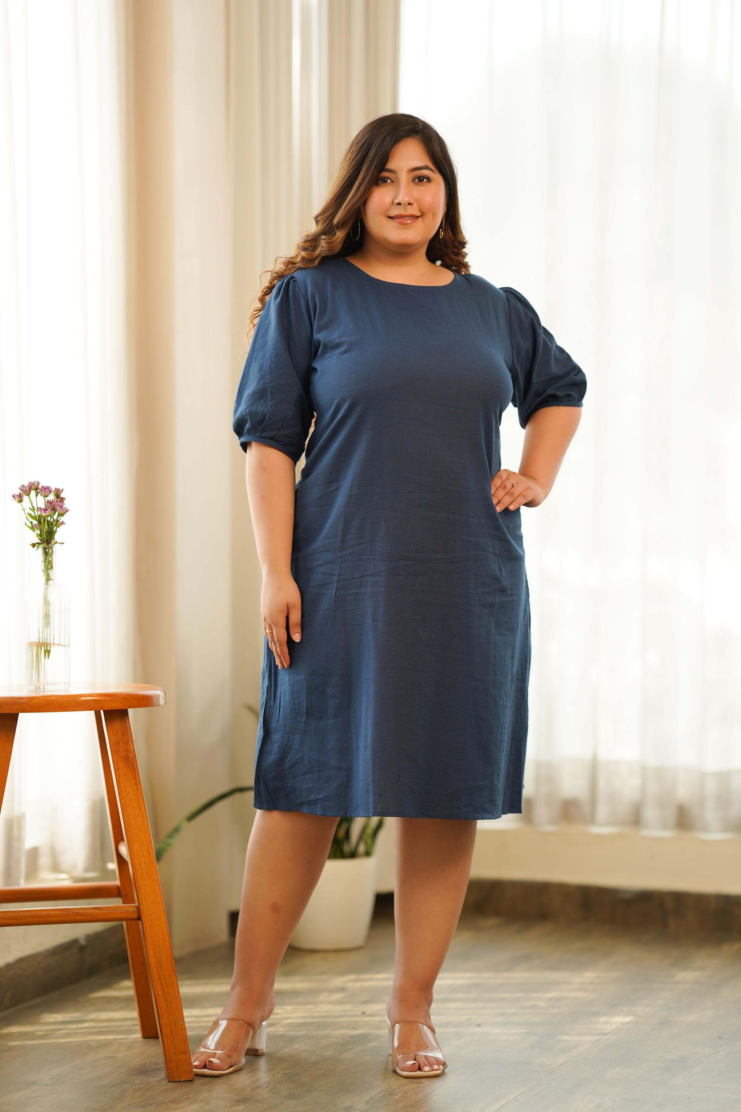 Women's Blue Puff Sleeve Linen Midi Dress - Nangalia Ruchira