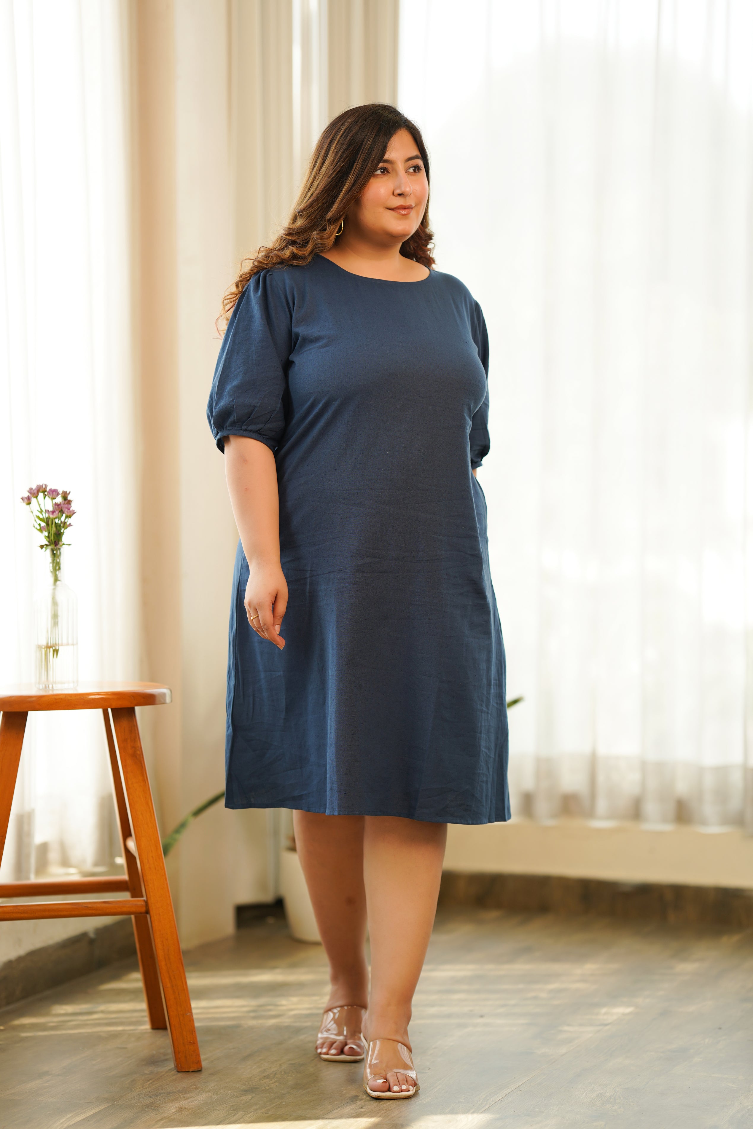 Women's Blue Puff Sleeve Linen Midi Dress - Nangalia Ruchira