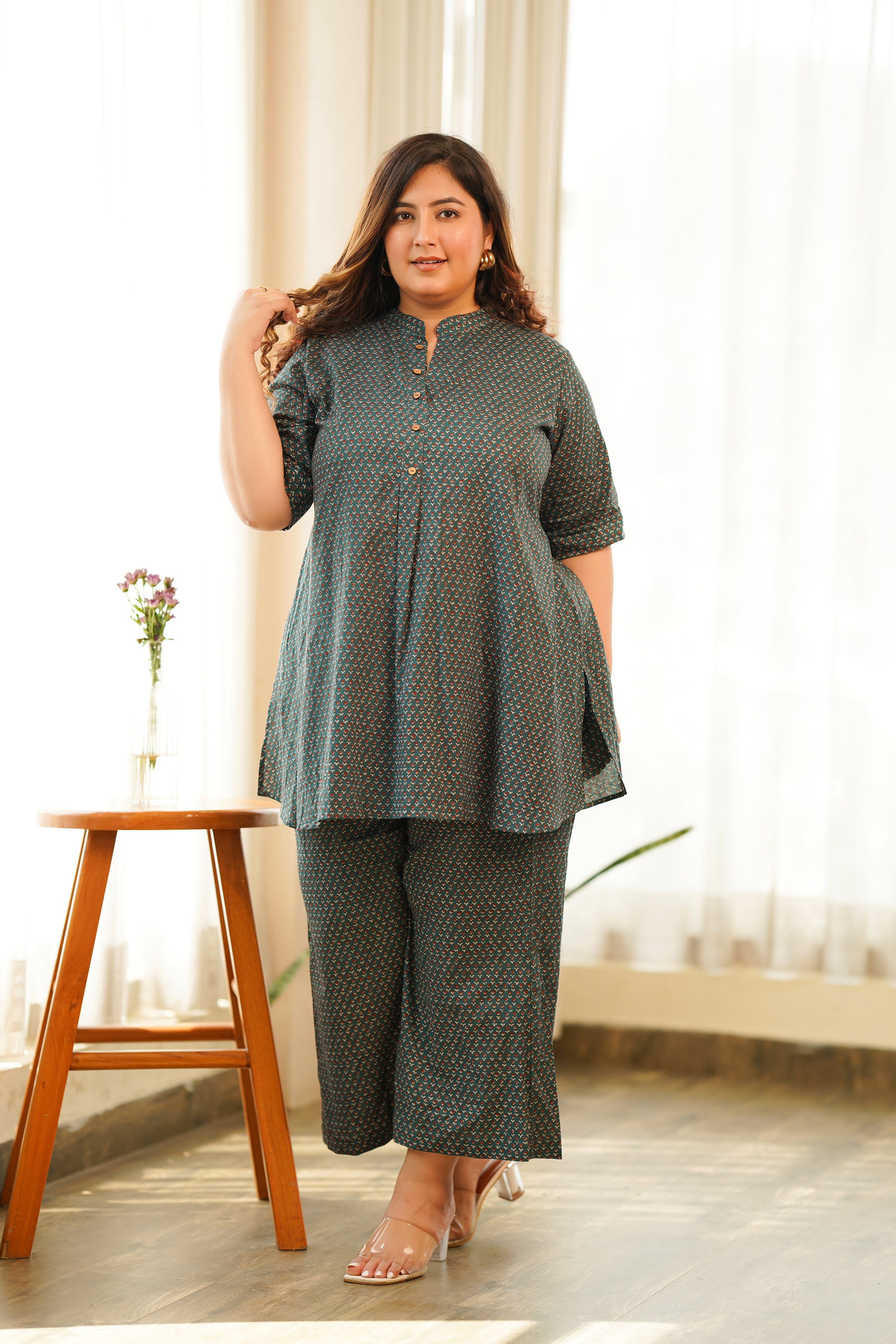 Women's Pine Green Booti Buttondown Co-Ord Set - Nangalia Ruchira