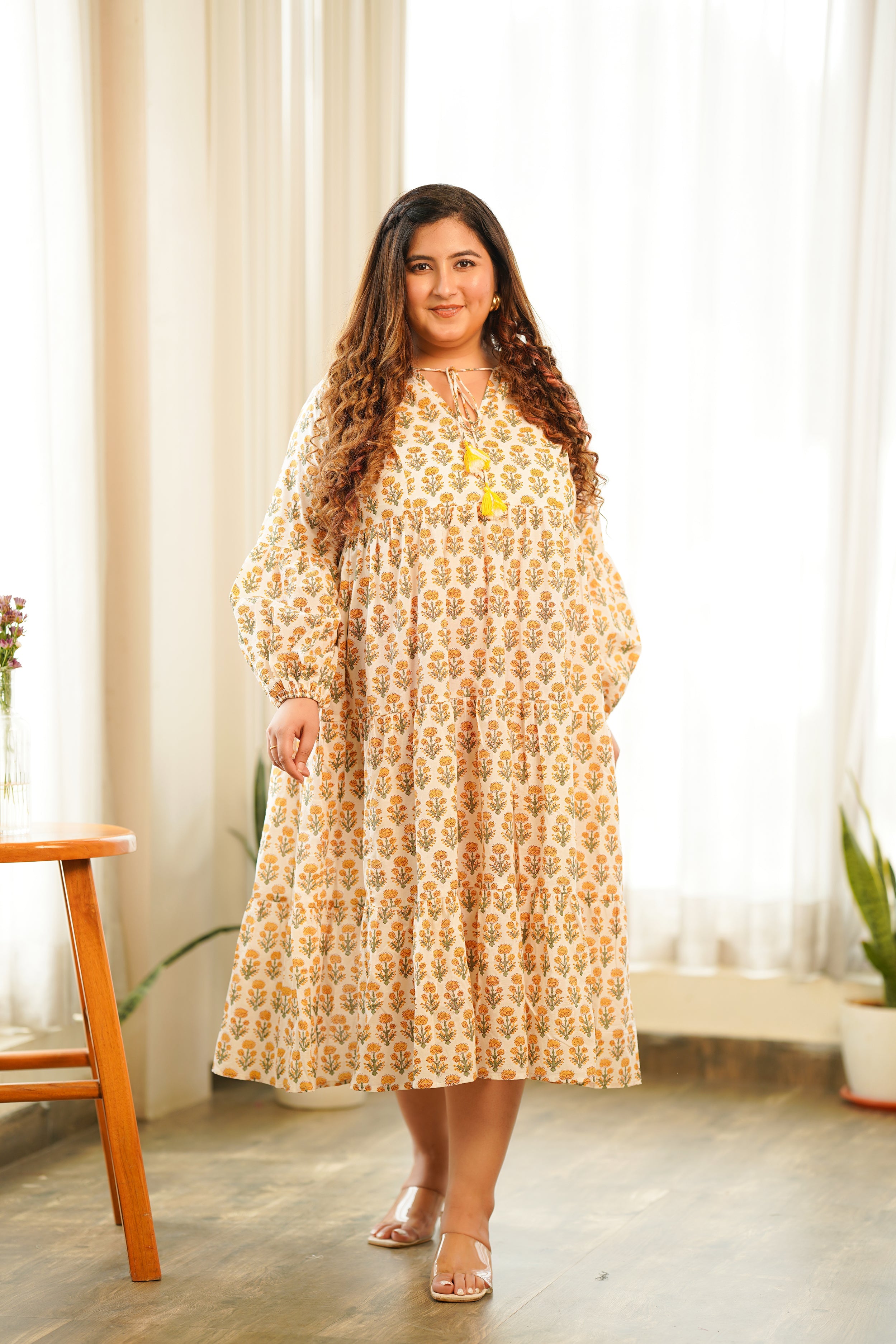 Women's Boho Yellow Cotton Printed Tiered Dress - Nangalia Ruchira