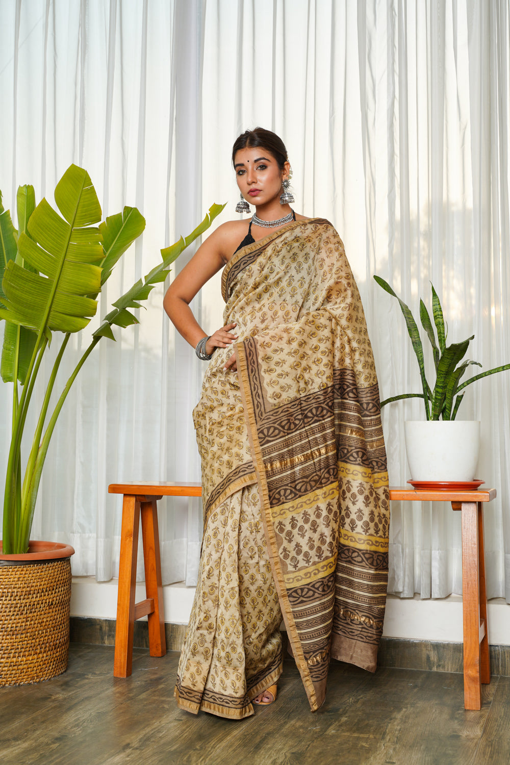 Women's Brown-Beige Ajrakh Printed Chanderi Saree - Nangalia Ruchira