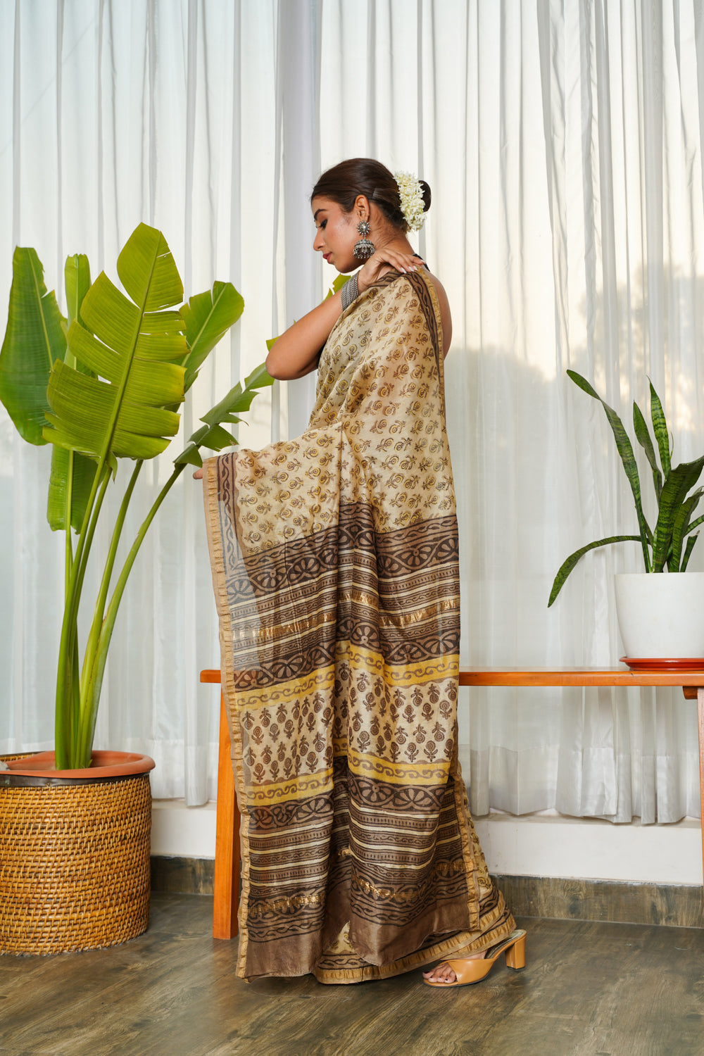Women's Brown-Beige Ajrakh Printed Chanderi Saree - Nangalia Ruchira