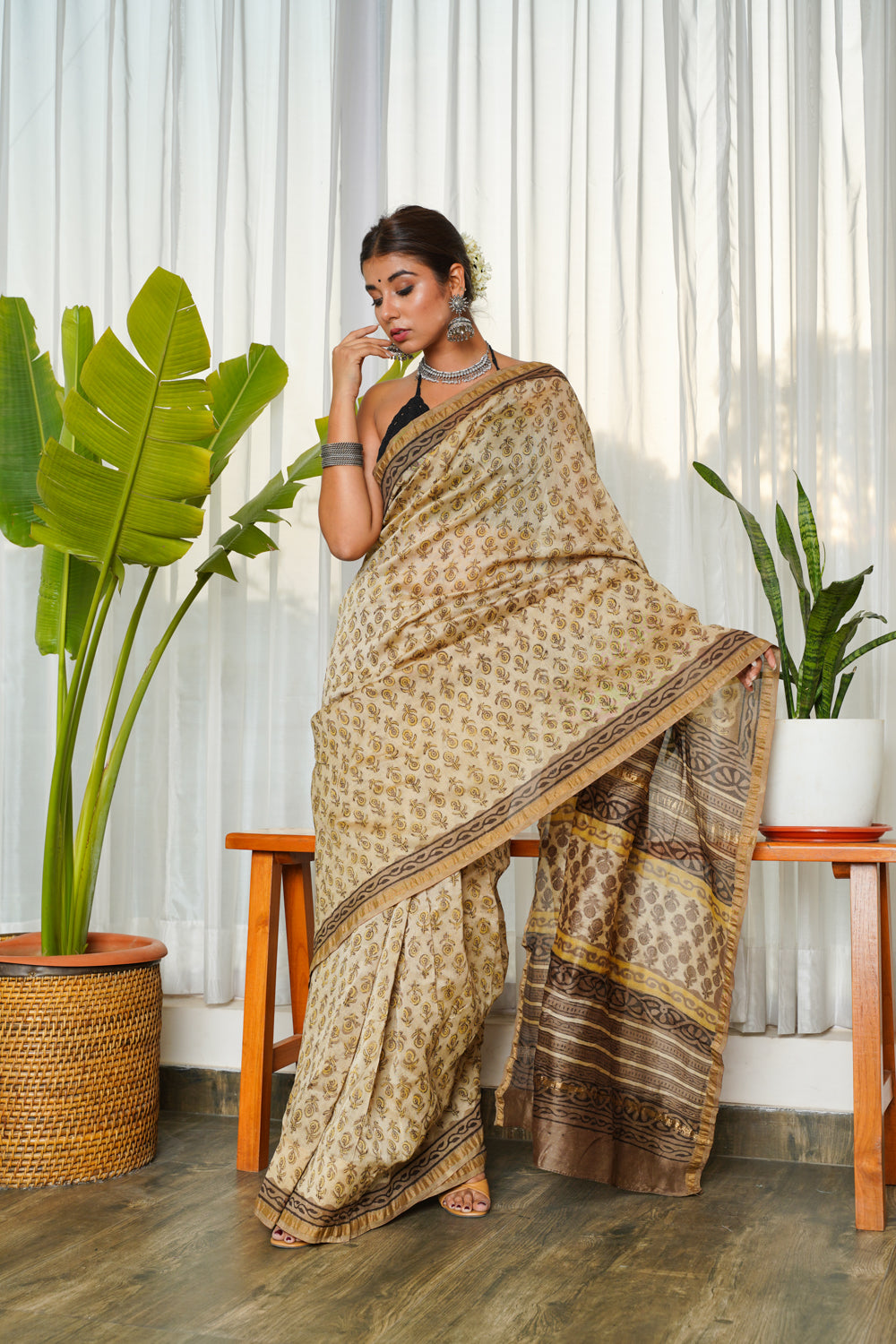 Women's Brown-Beige Ajrakh Printed Chanderi Saree - Nangalia Ruchira
