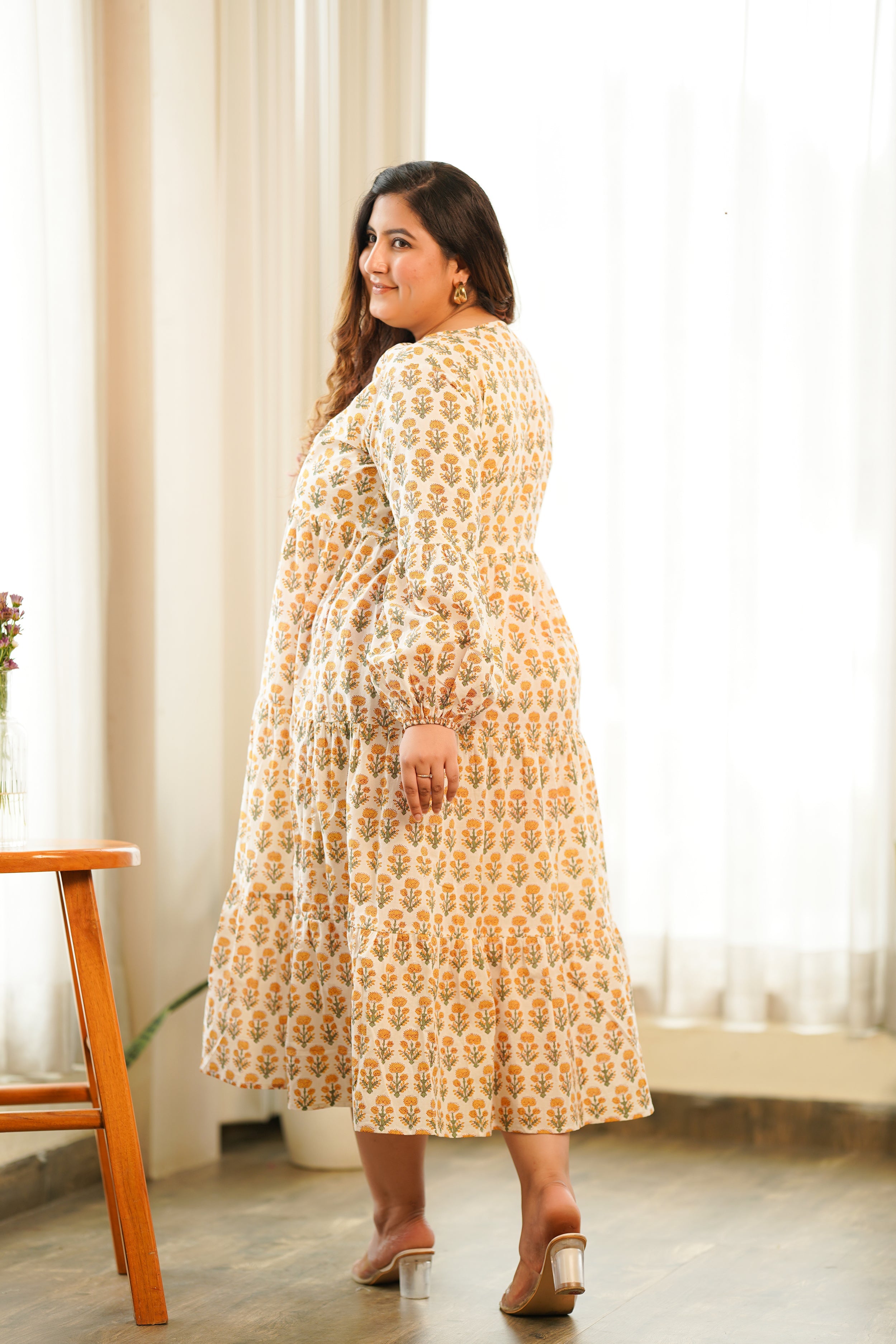 Women's Boho Yellow Cotton Printed Tiered Dress - Nangalia Ruchira