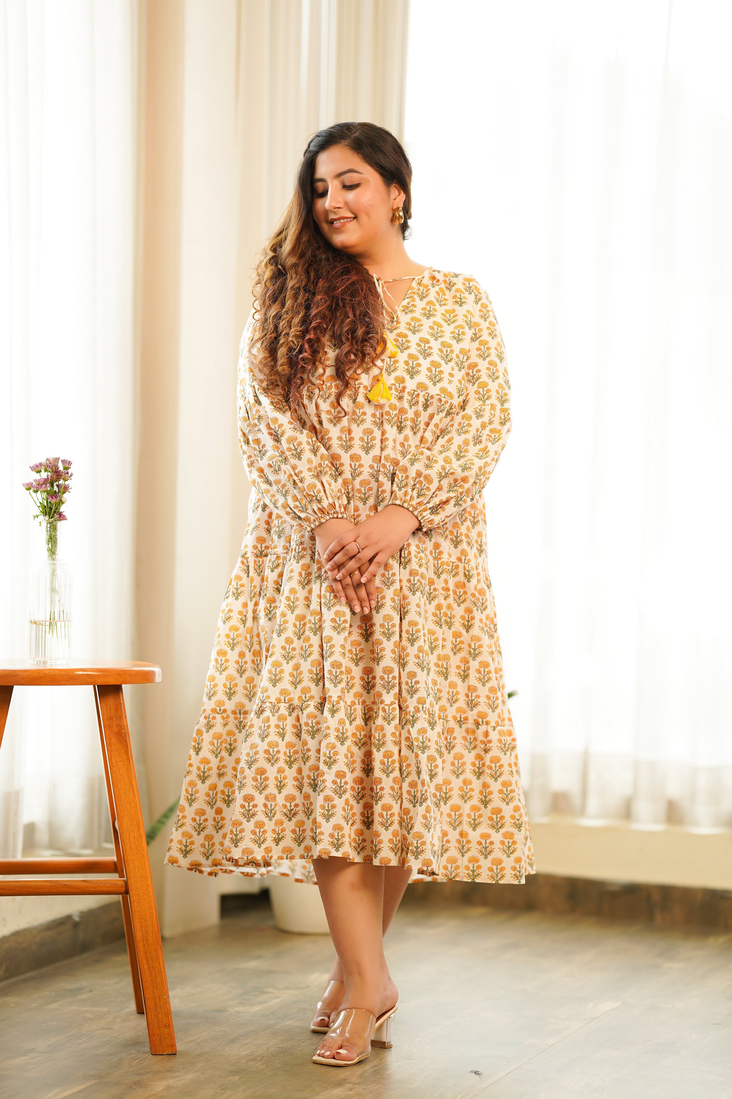 Women's Boho Yellow Cotton Printed Tiered Dress - Nangalia Ruchira