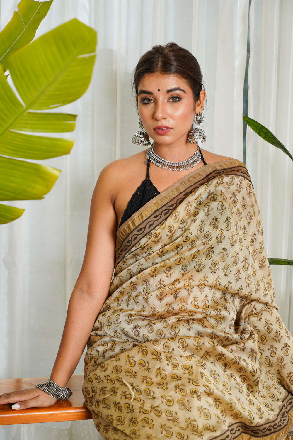 Women's Brown-Beige Ajrakh Printed Chanderi Saree - Nangalia Ruchira
