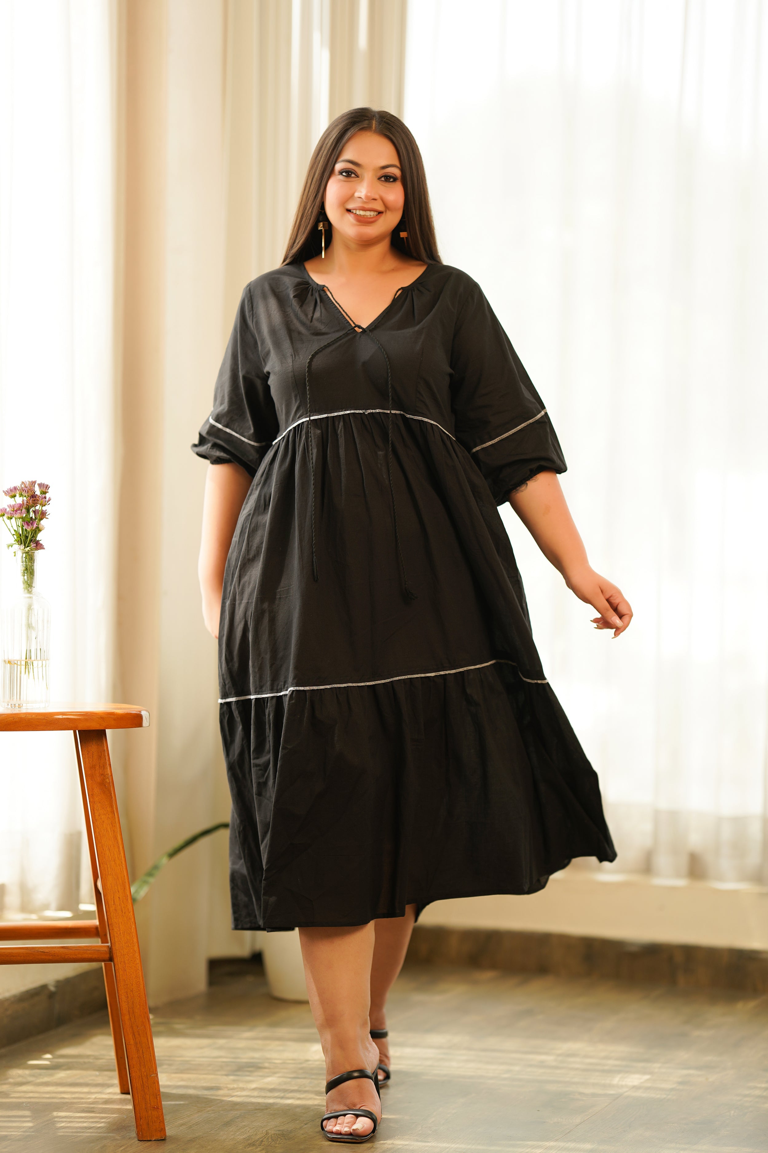 Women's Black Cotton Tiered Dress - Nangalia Ruchira