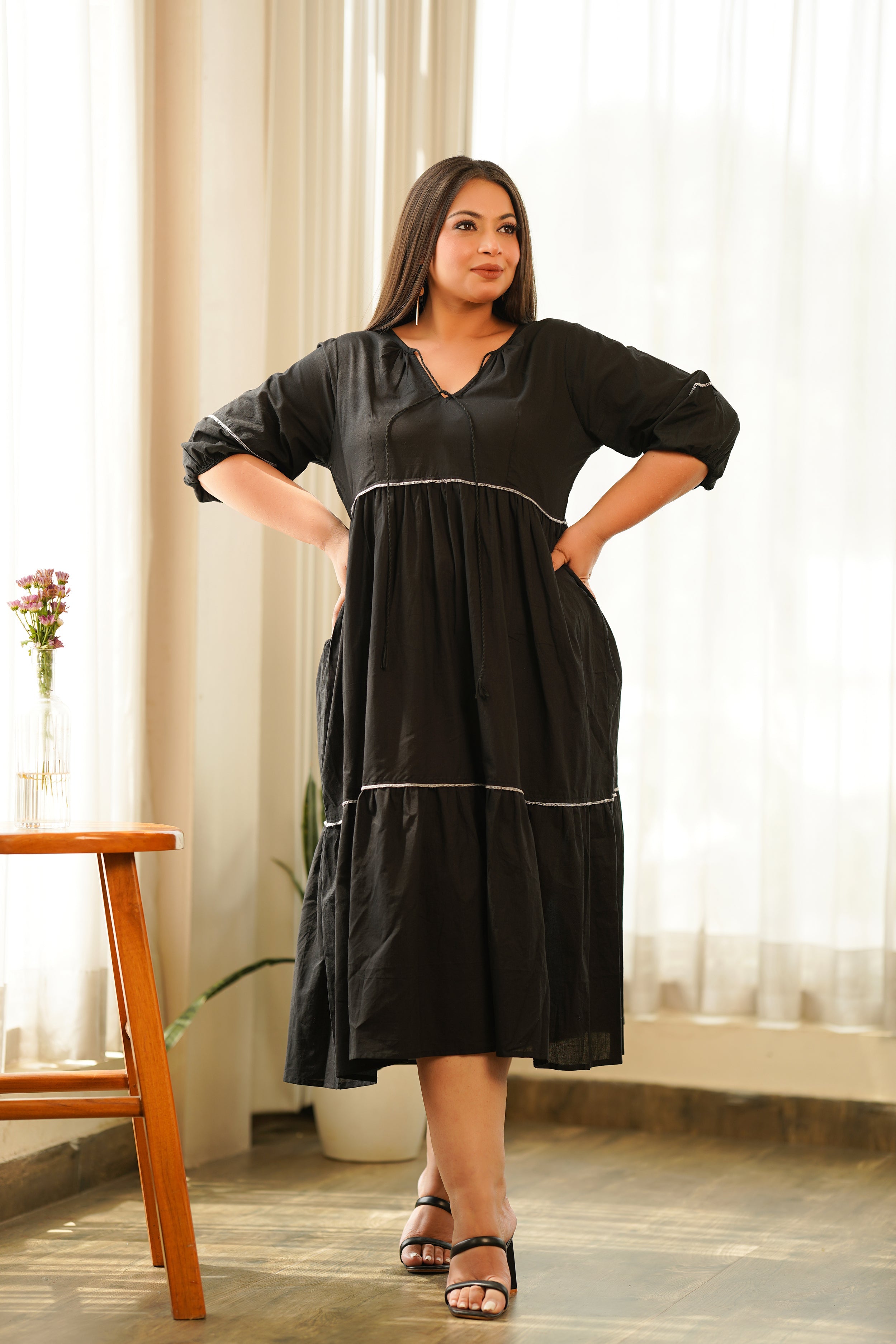 Women's Black Cotton Tiered Dress - Nangalia Ruchira