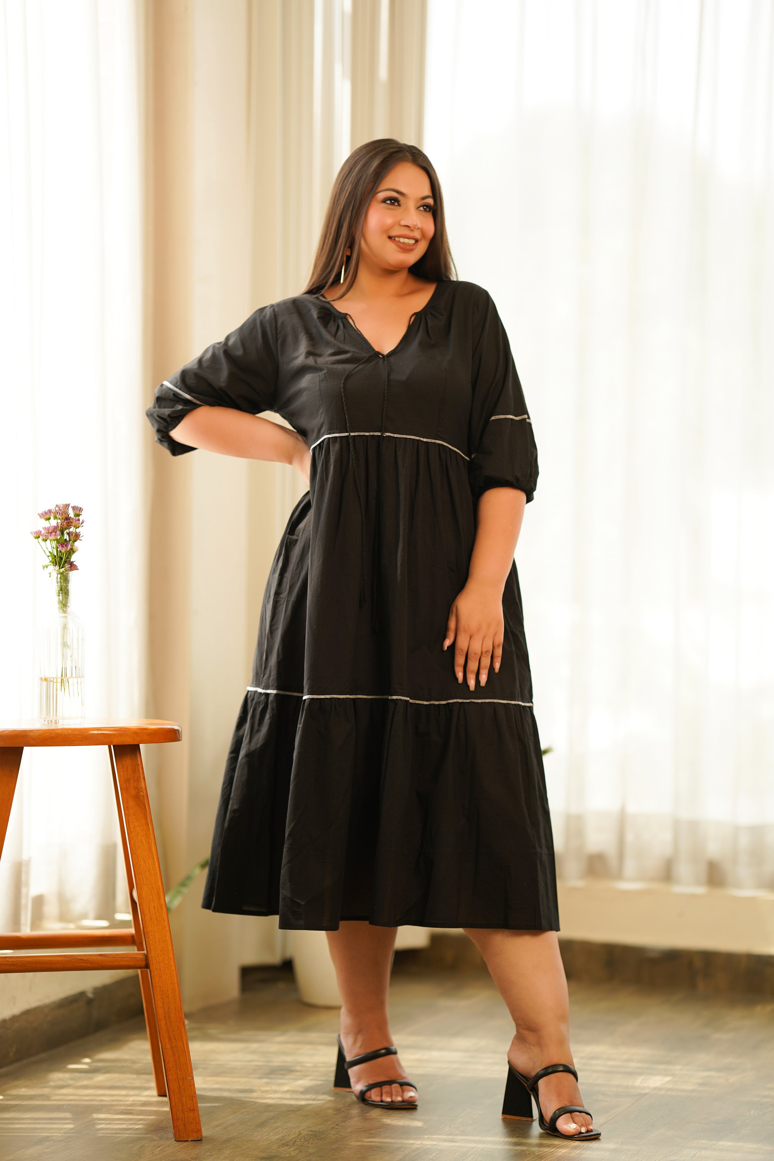 Women's Black Cotton Tiered Dress - Nangalia Ruchira