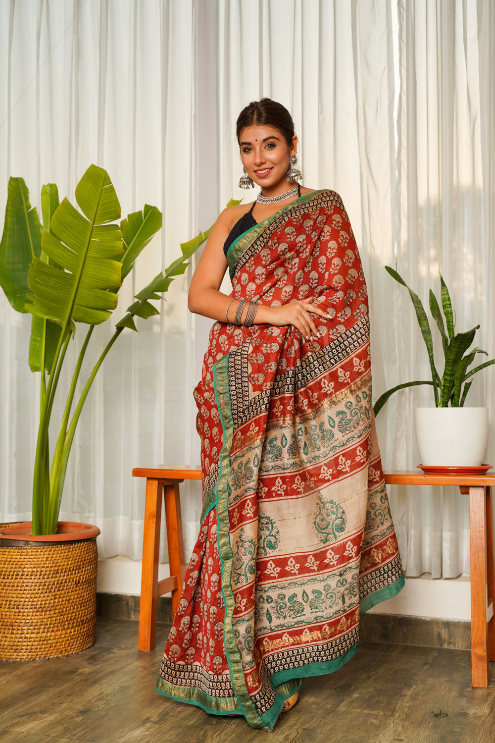 Women's Brick Red Bagru Chanderi Printed Saree - Nangalia Ruchira