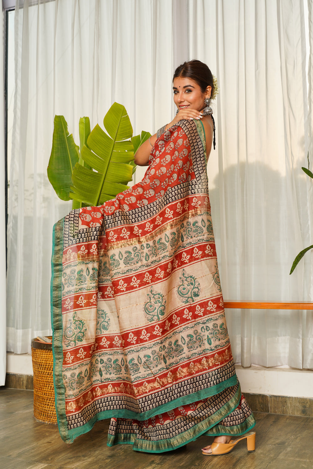 Women's Brick Red Bagru Chanderi Printed Saree - Nangalia Ruchira