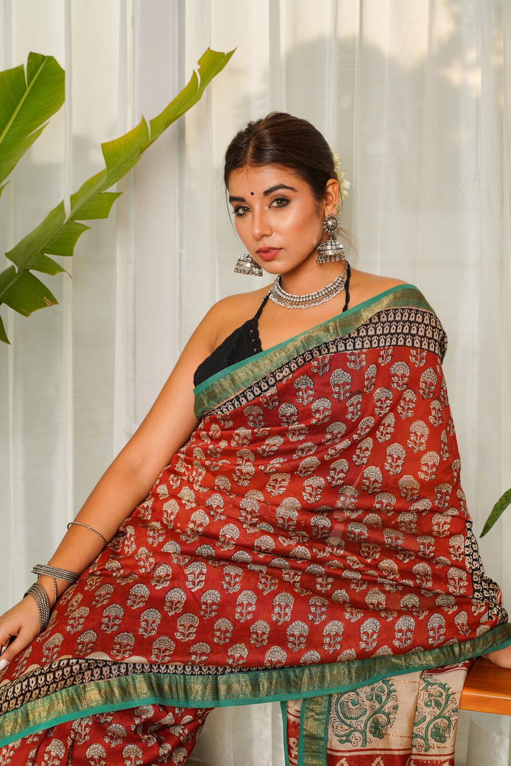 Women's Brick Red Bagru Chanderi Printed Saree - Nangalia Ruchira