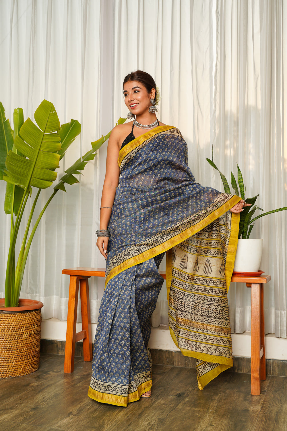 Women's Blue Mustard Bagru Saree - Nangalia Ruchira