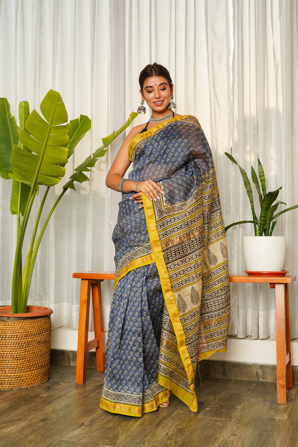 Women's Blue Mustard Bagru Saree - Nangalia Ruchira