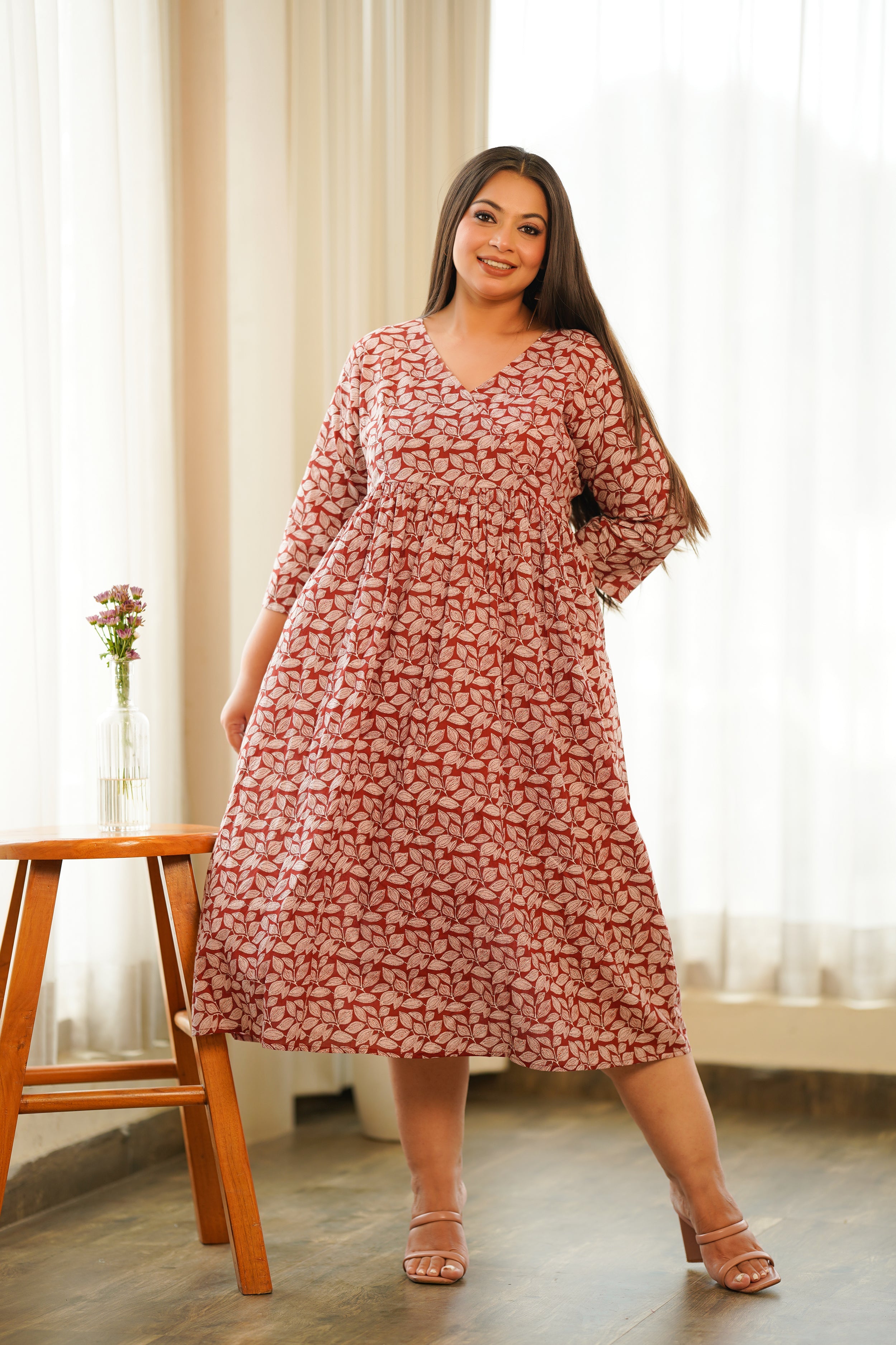 Women's Red Leaf Printed Maxi - Nangalia Ruchira