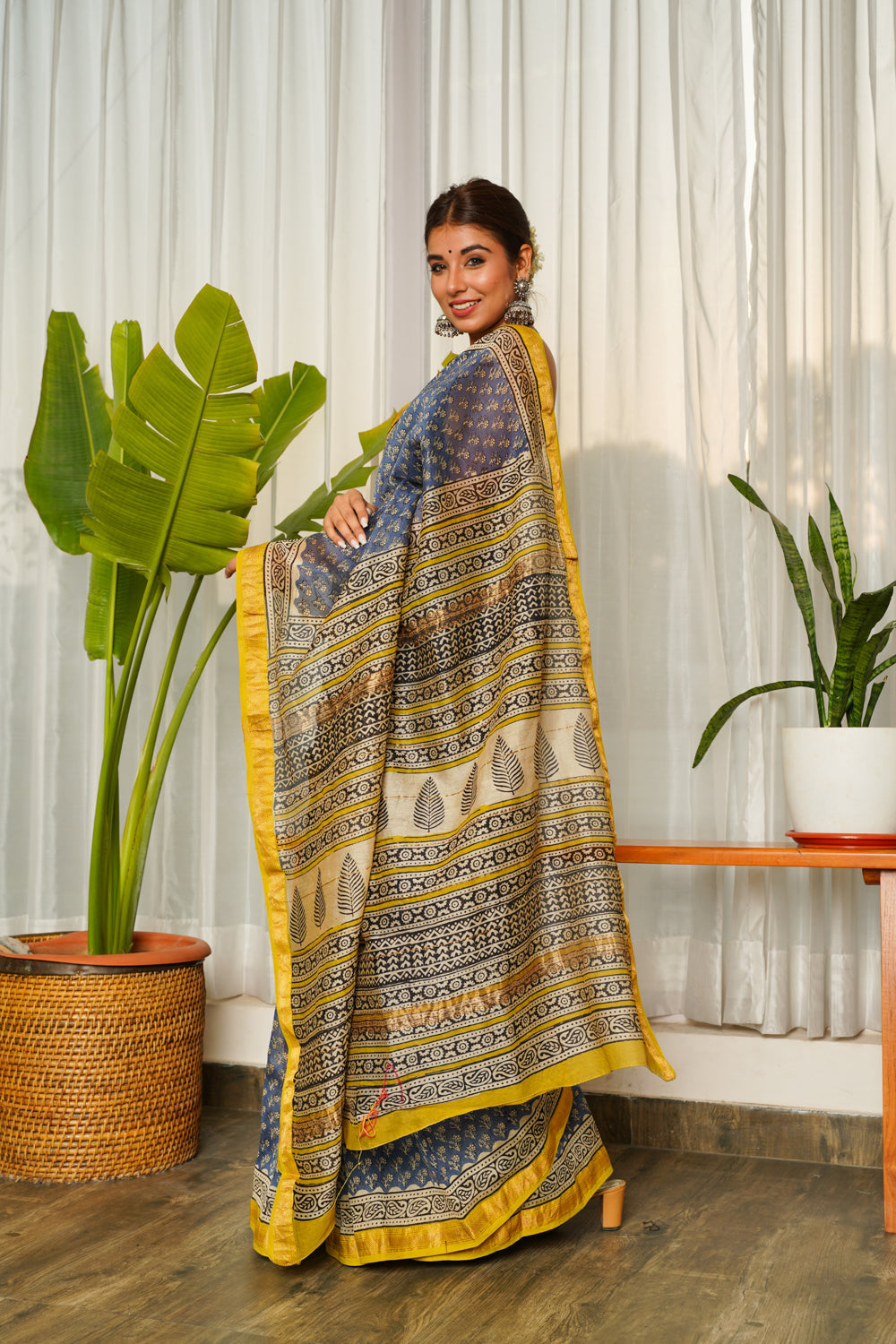 Women's Blue Mustard Bagru Saree - Nangalia Ruchira