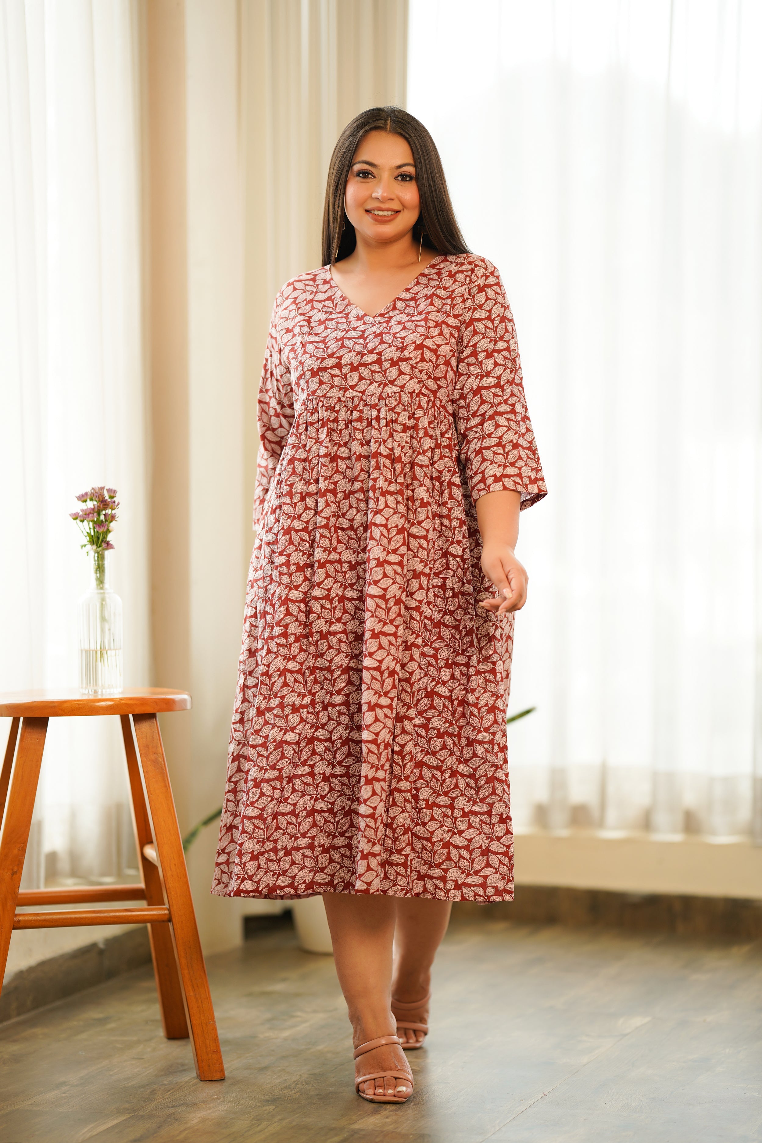 Women's Red Leaf Printed Maxi - Nangalia Ruchira