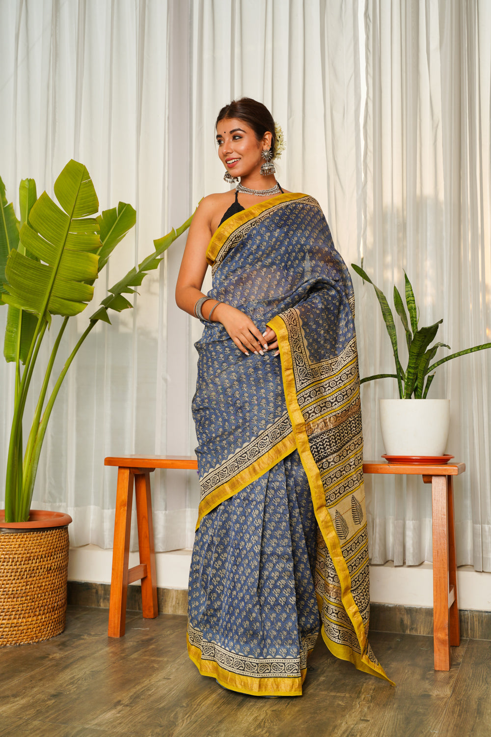 Women's Blue Mustard Bagru Saree - Nangalia Ruchira