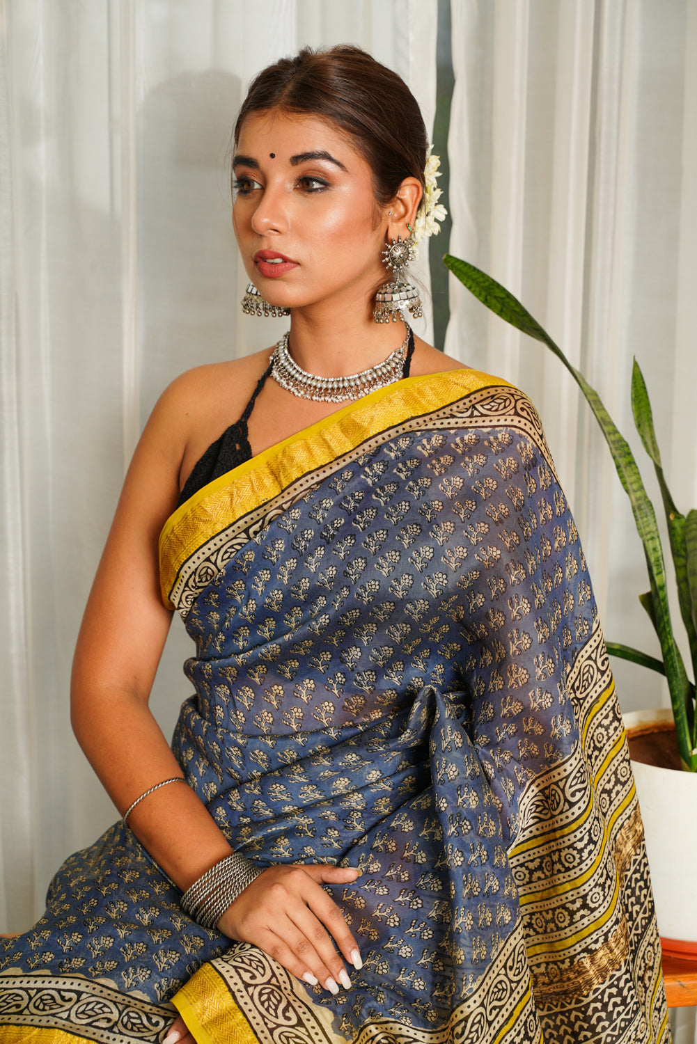 Women's Blue Mustard Bagru Saree - Nangalia Ruchira