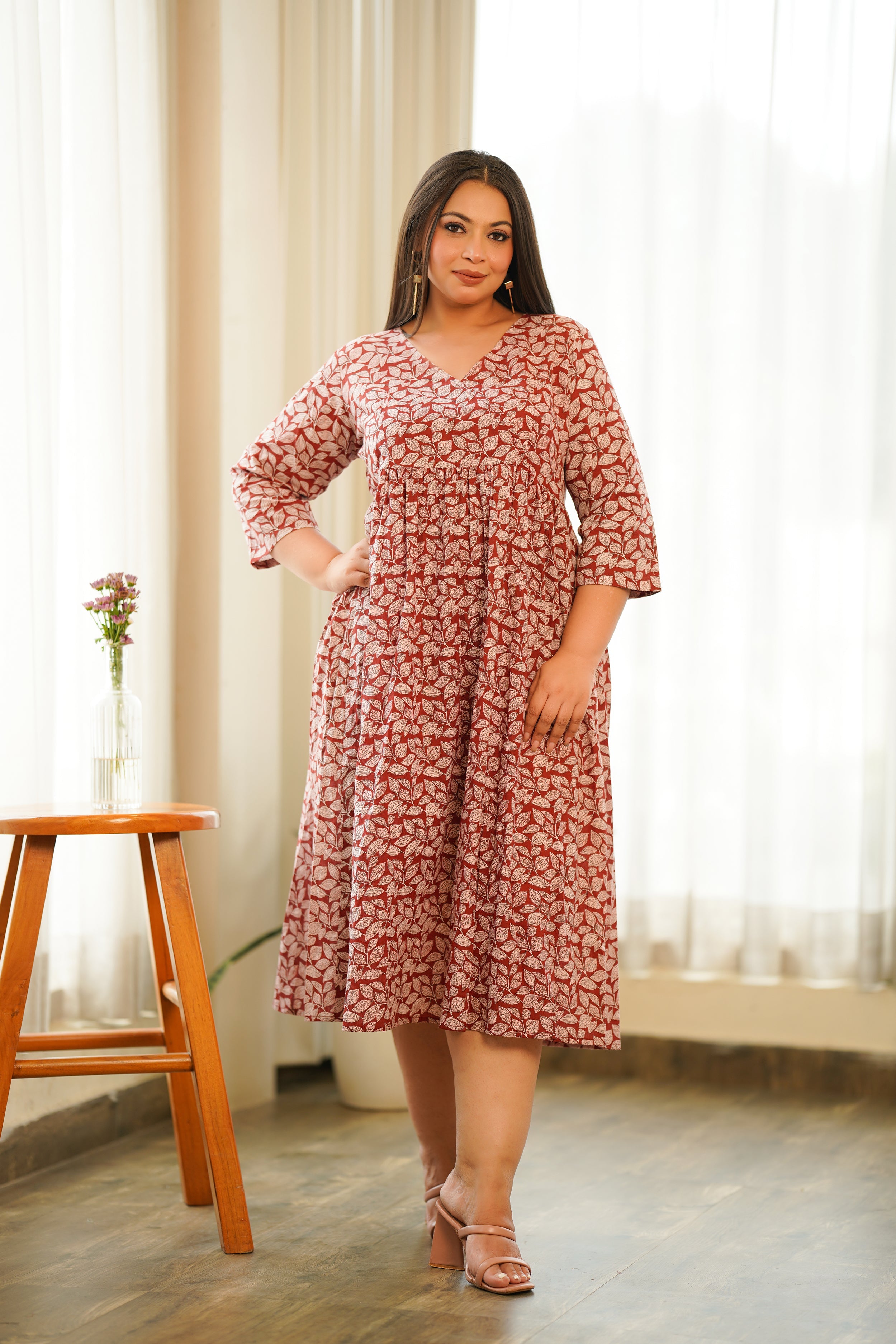 Women's Red Leaf Printed Maxi - Nangalia Ruchira