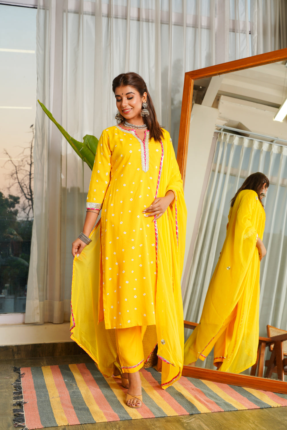 Women's Navrai Yellow Bandhani Suit Set - (Set Of 3) - Nangalia Ruchira