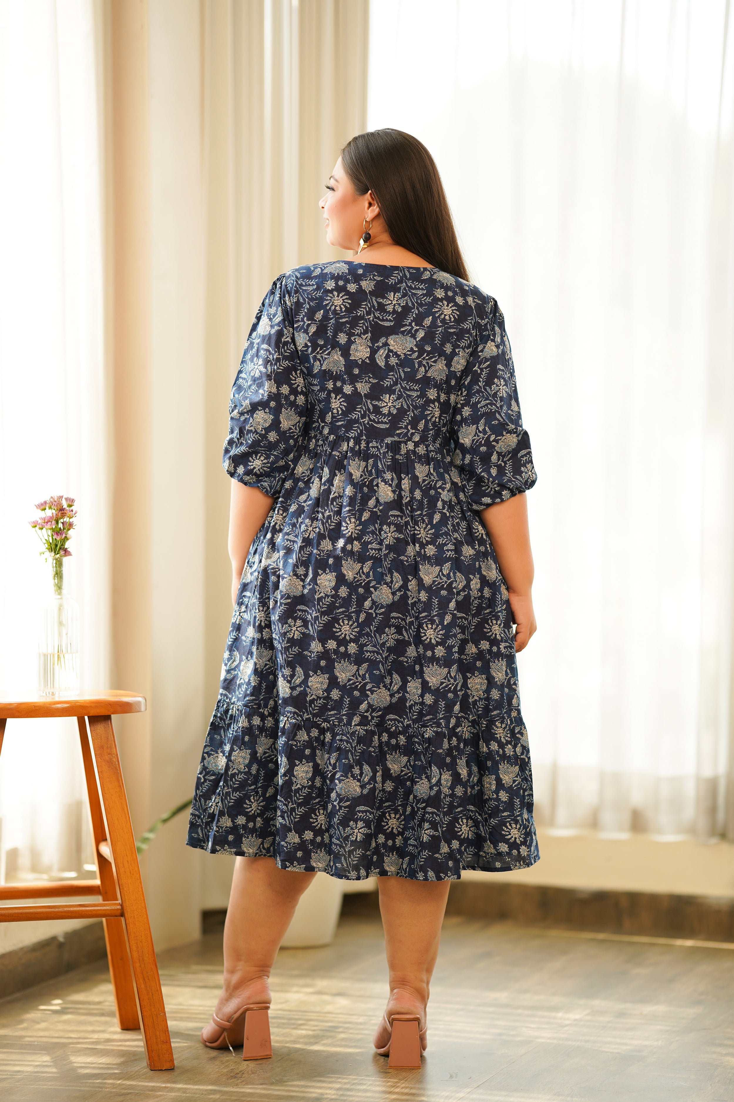 Women's Navy Blue Floral Tiered Dress - Nangalia Ruchira