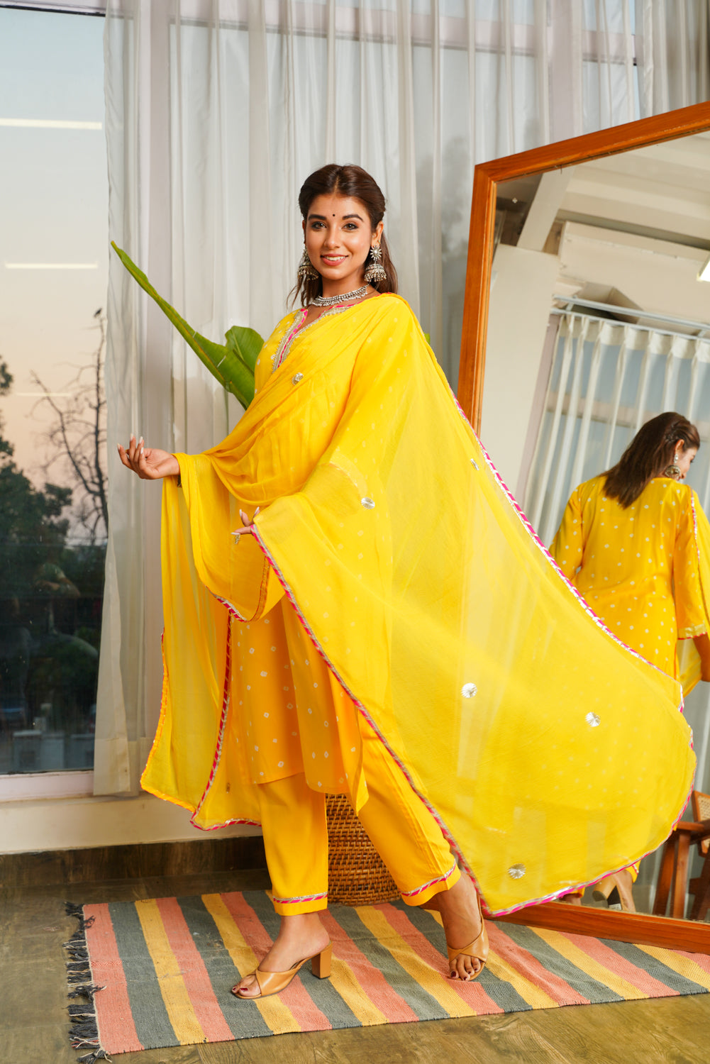 Women's Navrai Yellow Bandhani Suit Set - (Set Of 3) - Nangalia Ruchira