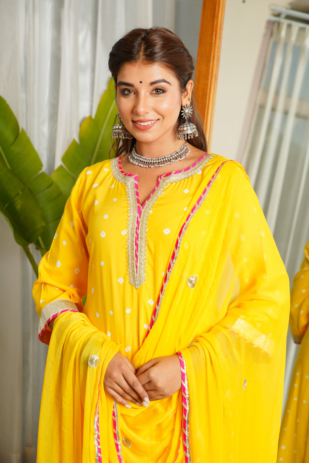 Women's Navrai Yellow Bandhani Suit Set - (Set Of 3) - Nangalia Ruchira