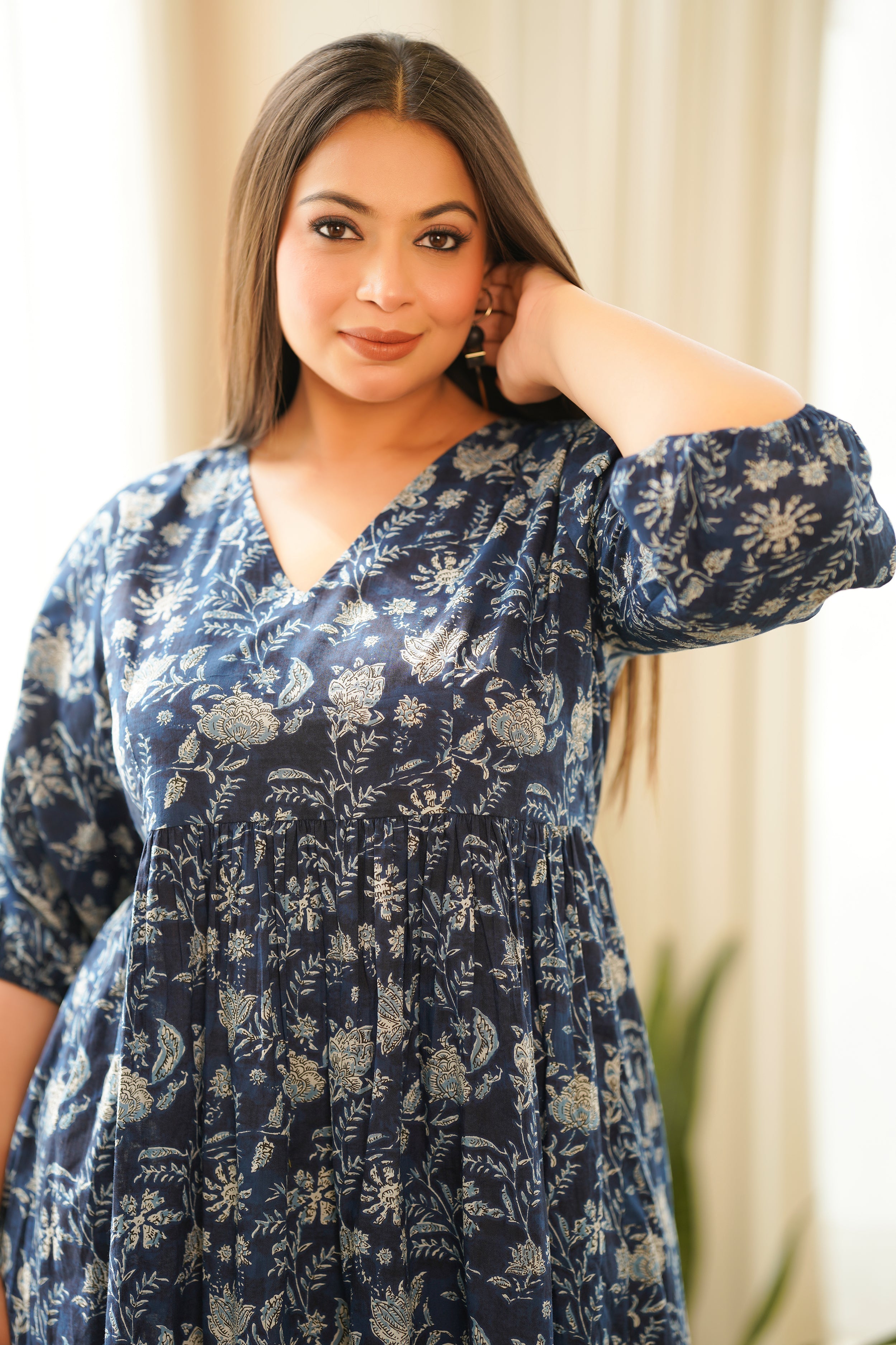 Women's Navy Blue Floral Tiered Dress - Nangalia Ruchira