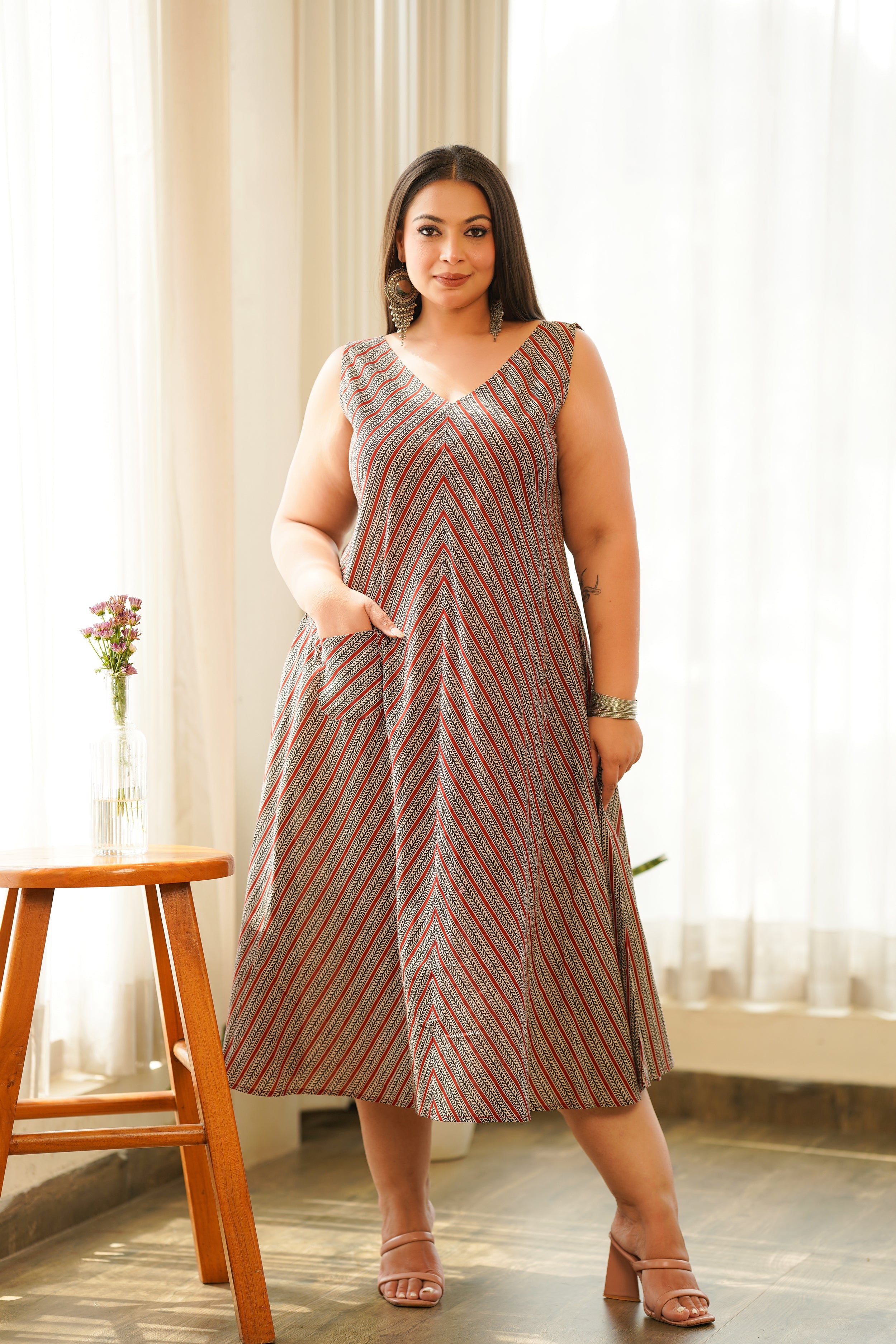 Women's Boho Stripes V Neck Triangular Dress - Nangalia Ruchira