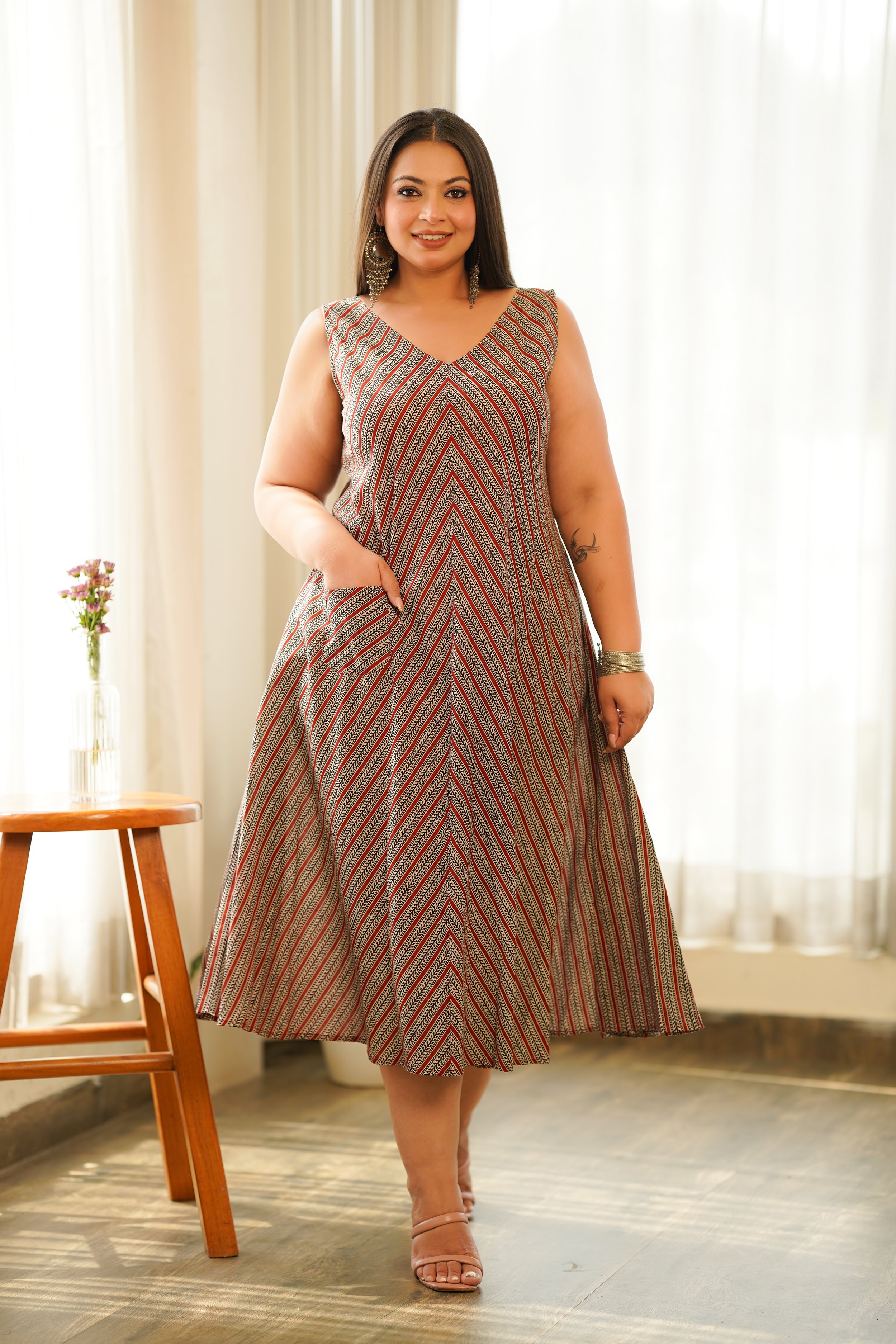 Women's Boho Stripes V Neck Triangular Dress - Nangalia Ruchira