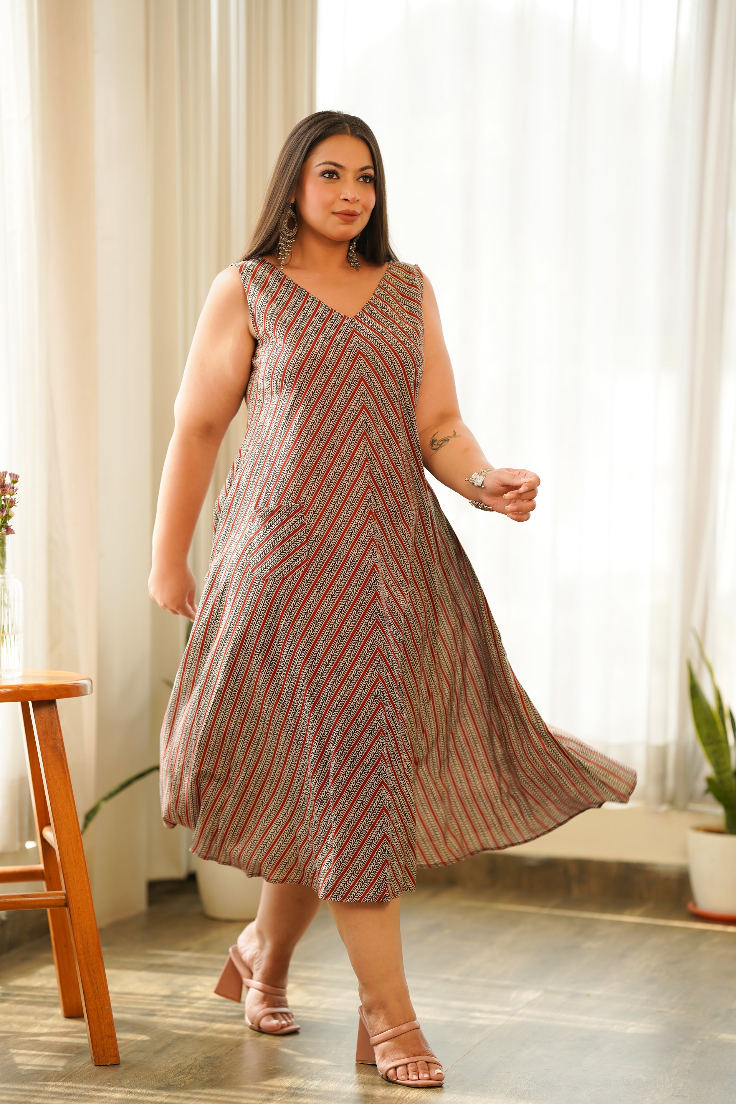 Women's Boho Stripes V Neck Triangular Dress - Nangalia Ruchira