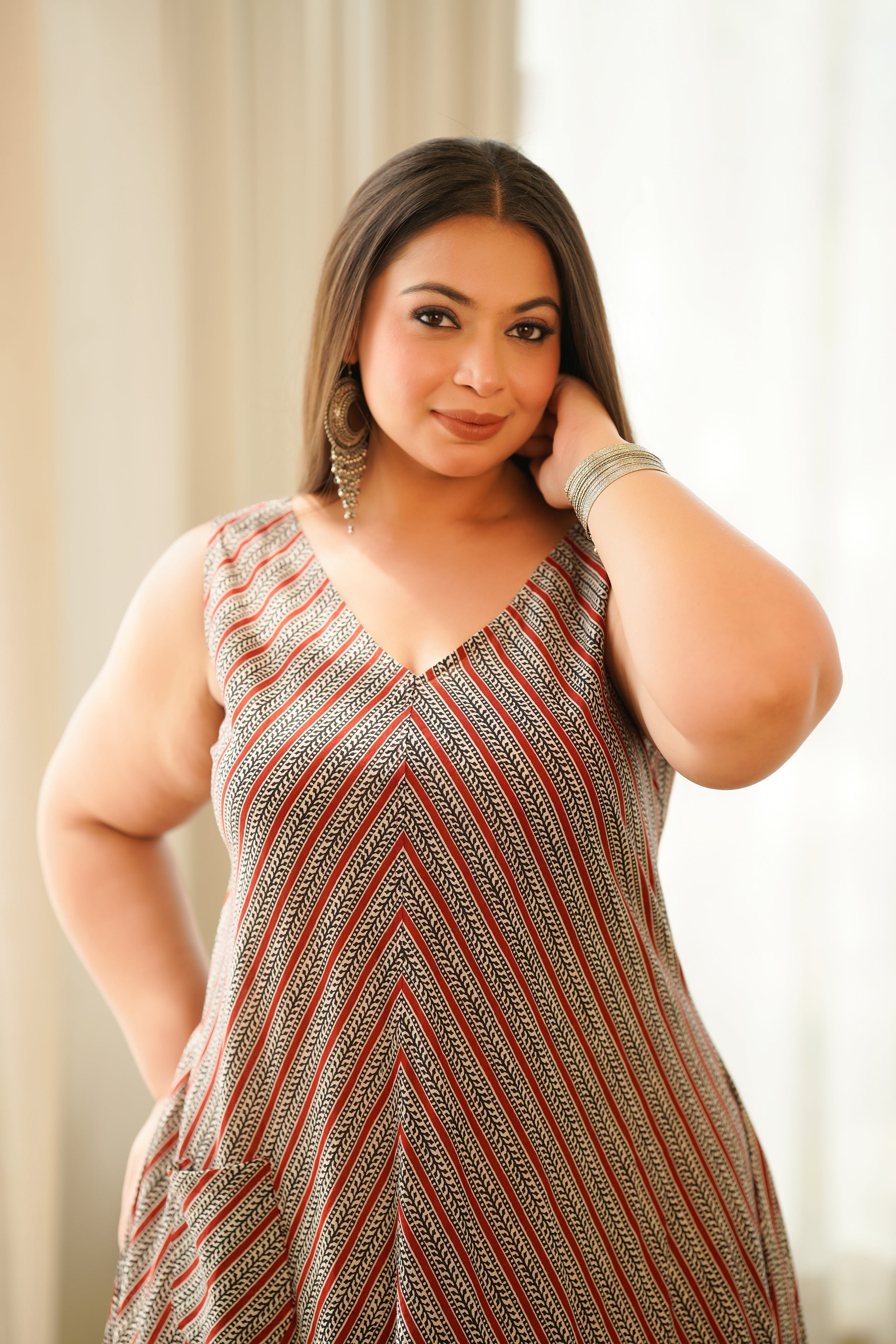 Women's Boho Stripes V Neck Triangular Dress - Nangalia Ruchira