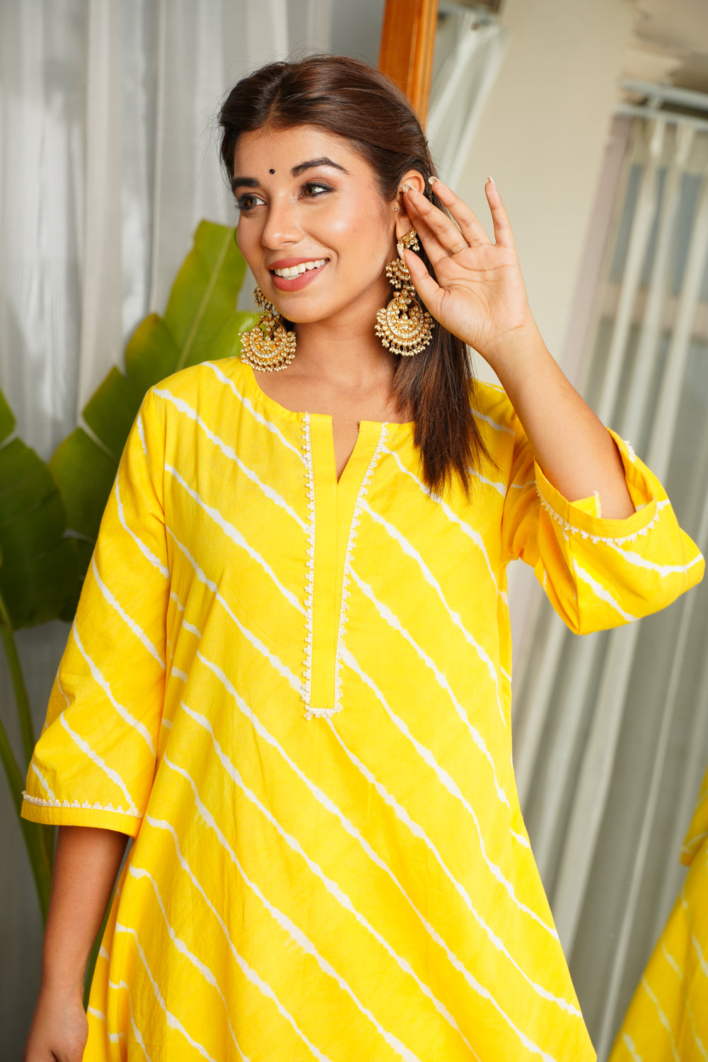 Women's Yellow Leheriya Asymmetric Kurta Set - (Set Of 2) - Nangalia Ruchira