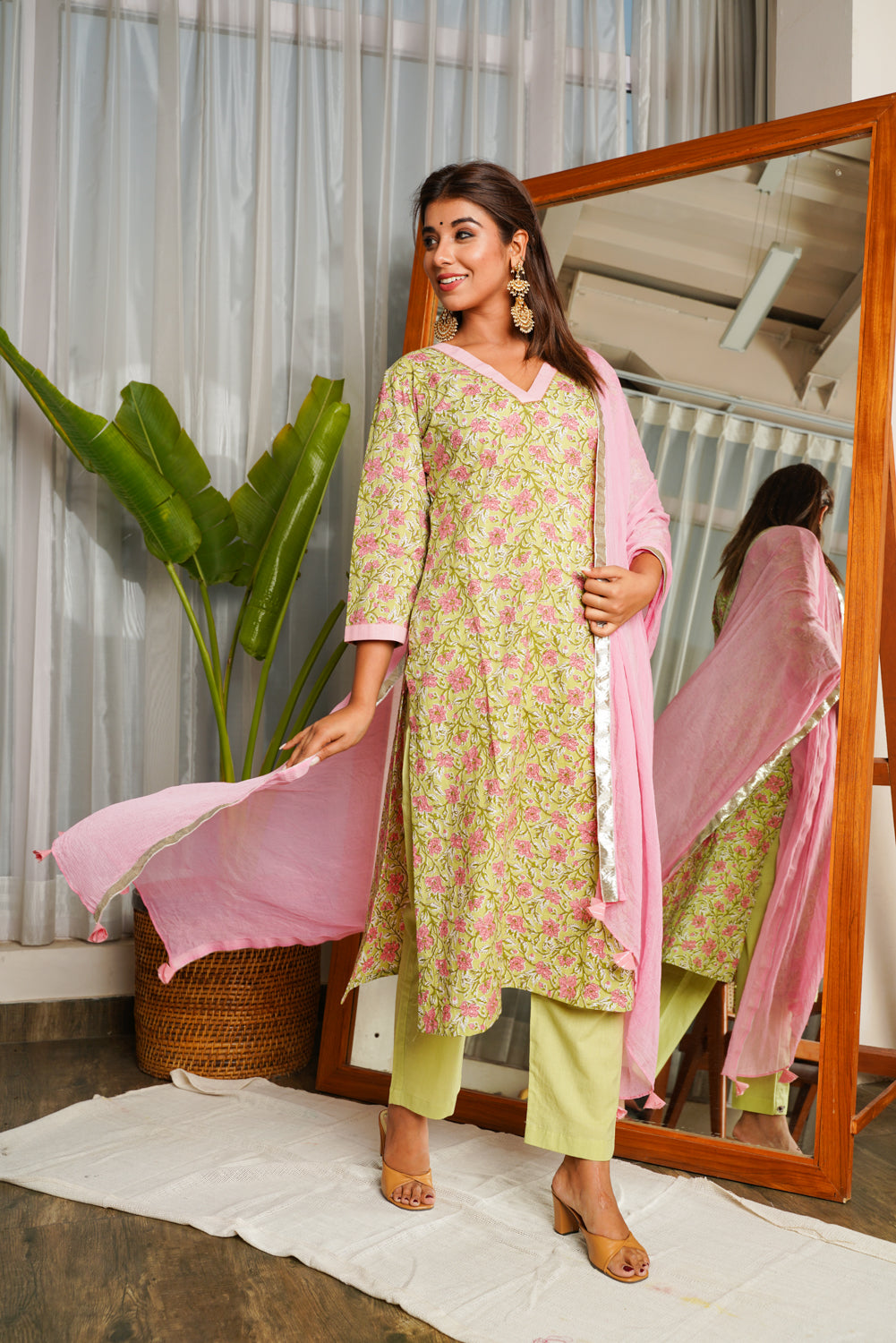 Women's Pear Green V-Neck Cotton Printed Suit Set - (Set Of 3) - Nangalia Ruchira