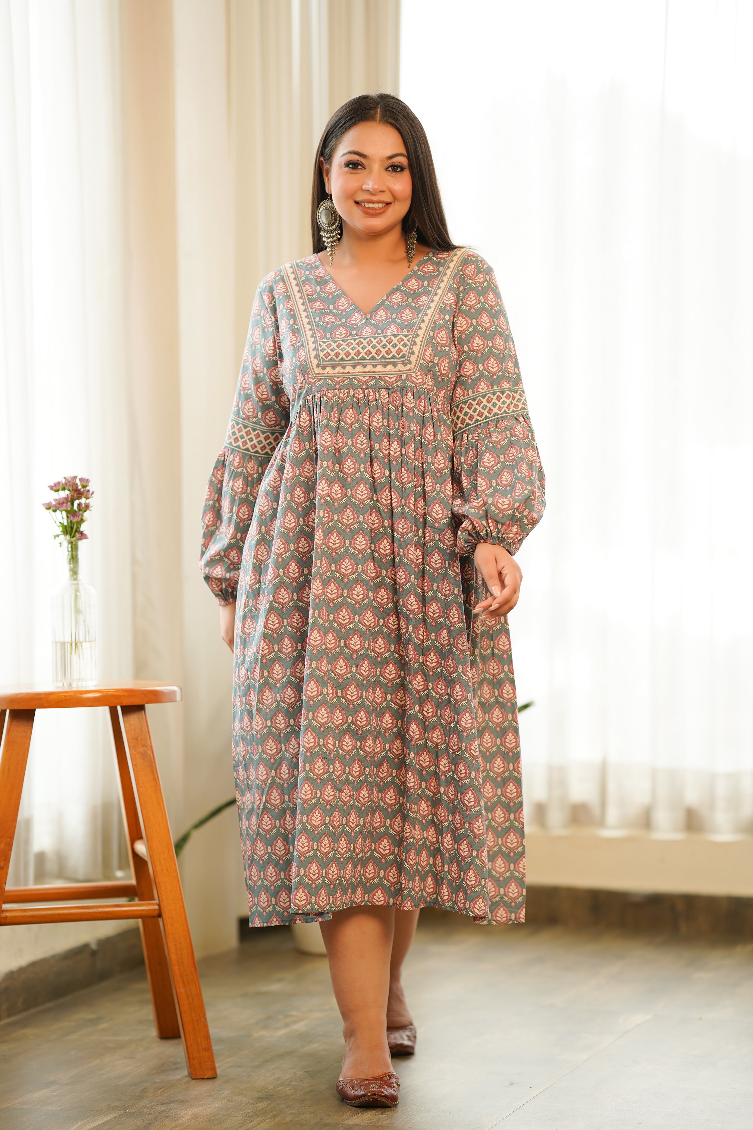 Women's Boho Printed Cotton Gathered Maxi - Nangalia Ruchira