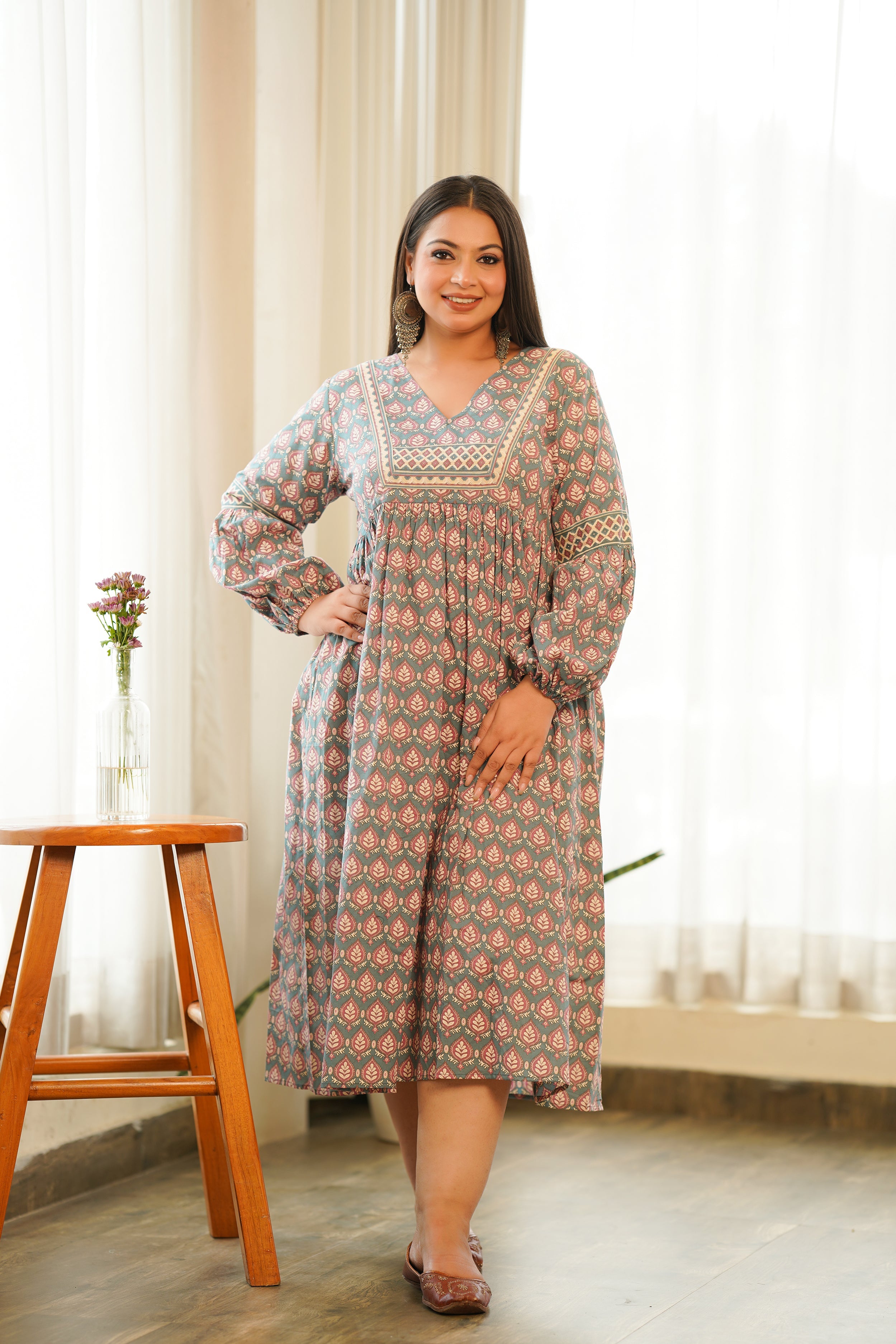 Women's Boho Printed Cotton Gathered Maxi - Nangalia Ruchira