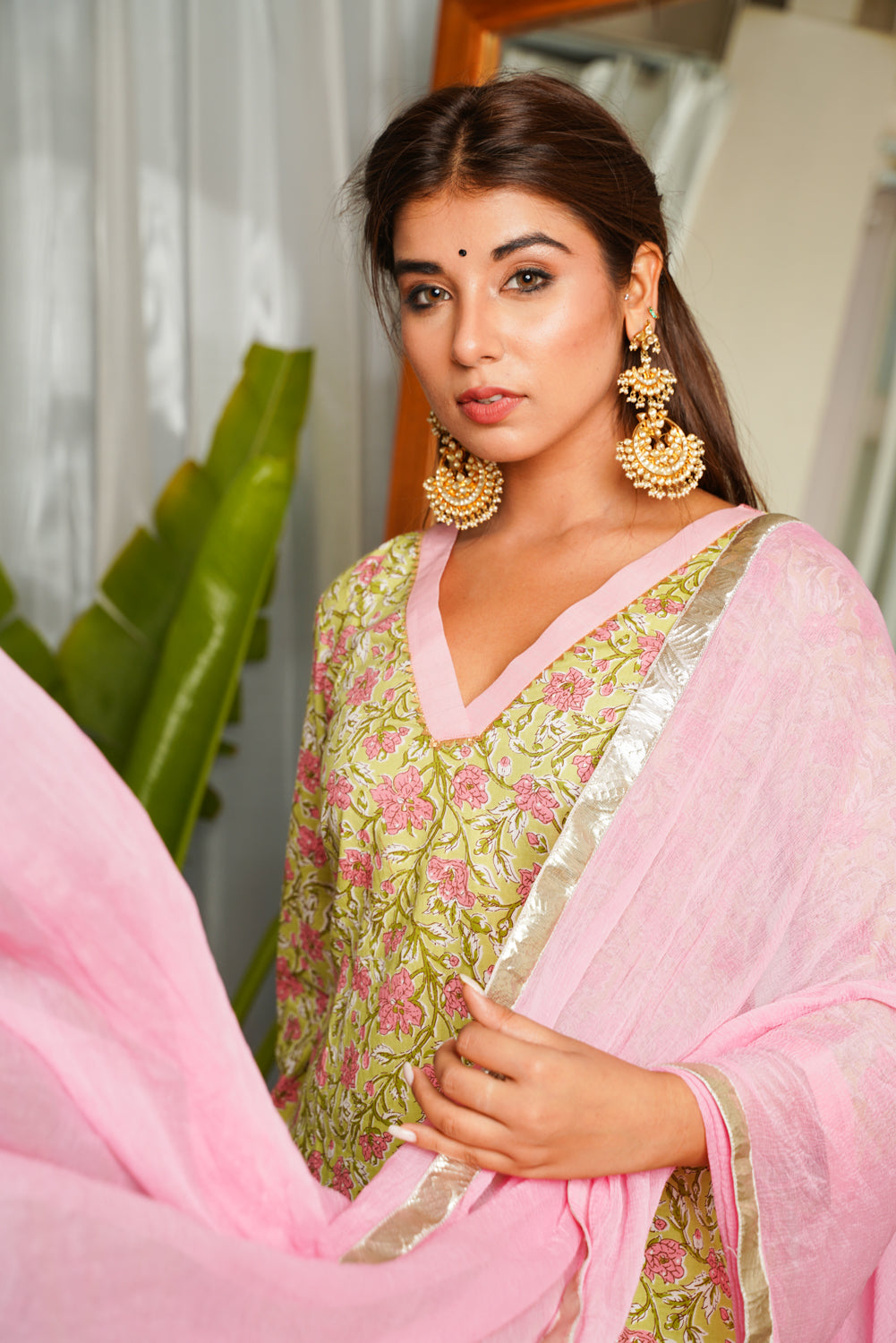 Women's Pear Green V-Neck Cotton Printed Suit Set - (Set Of 3) - Nangalia Ruchira