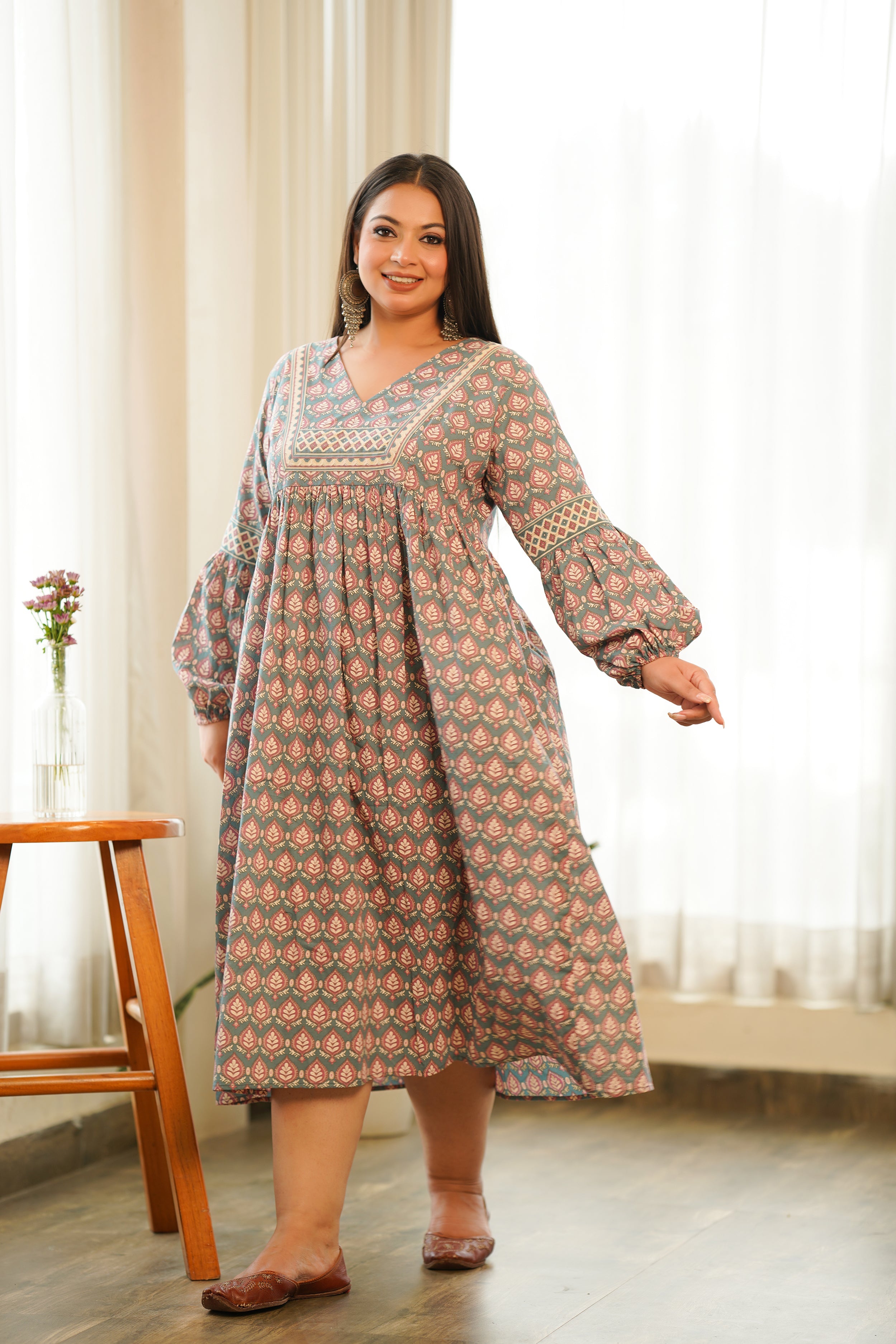 Women's Boho Printed Cotton Gathered Maxi - Nangalia Ruchira